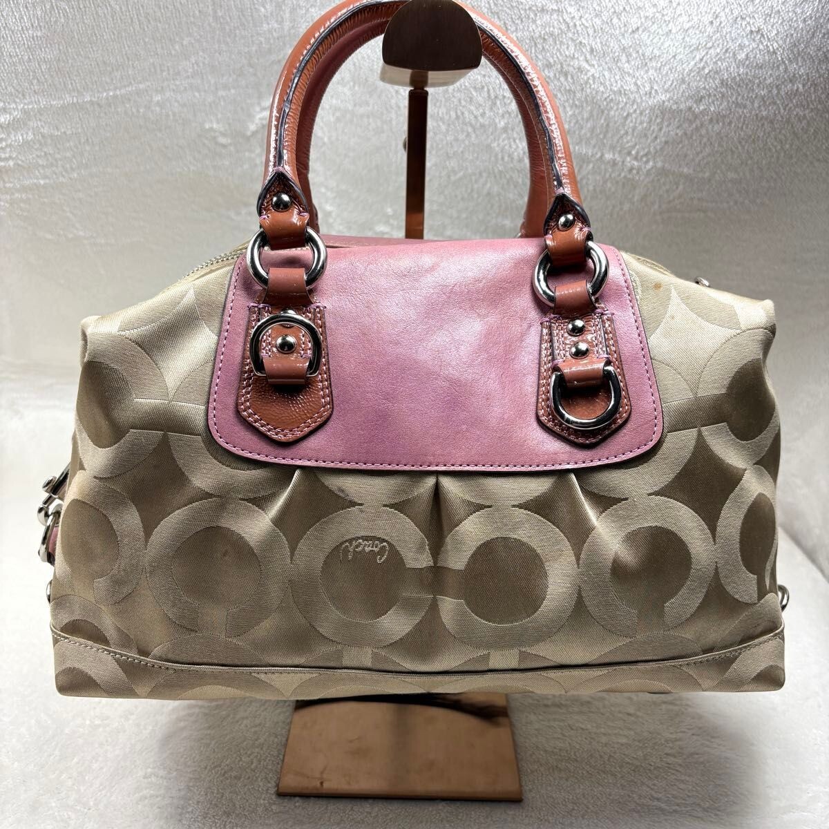 Coach Madison Signature 2Way Canvas Leather Shoulder Handbag Beige Pink 12947
