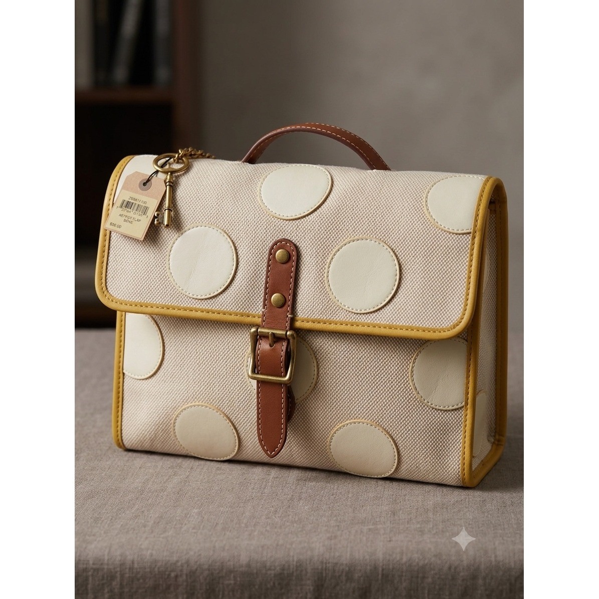 Fossil Keyper Flap Bone Polka Dot Canvas Leather Crossbody Bag