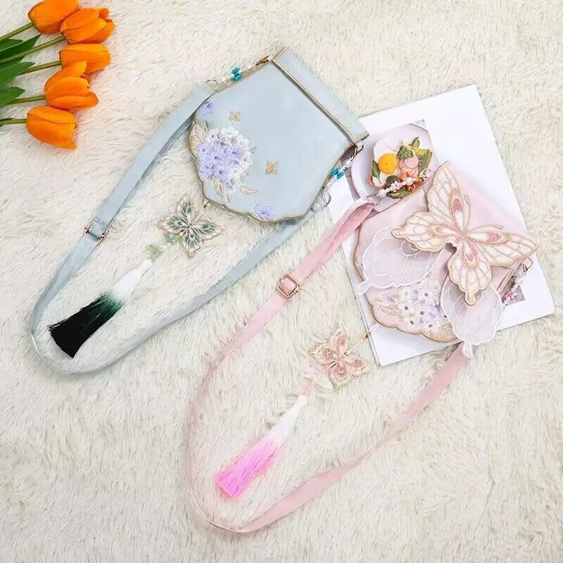 1PC Chinese Hanfu Butterfly Embroidery Bag Cross-body Tassel Handbag Ethnic Bag