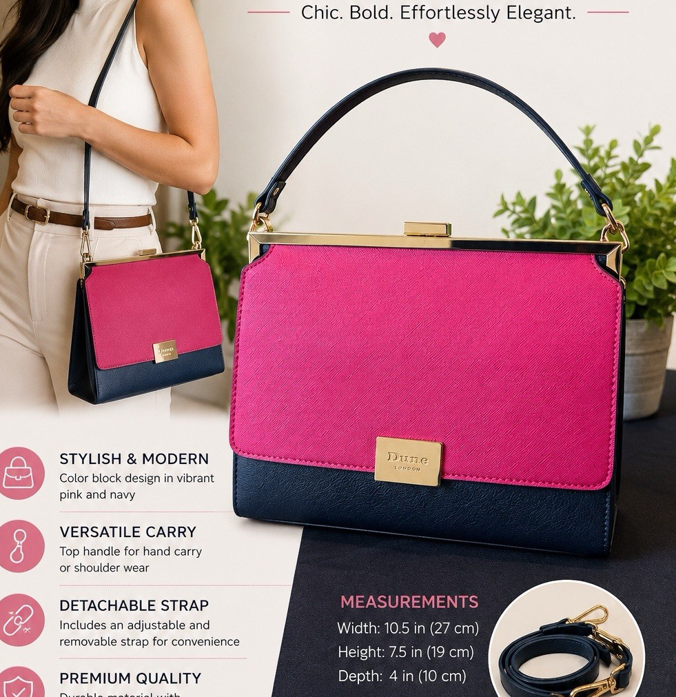 Dune London Pink/Navy Colorblock Satchel Top Handle Clasp Frame Gold Det Strap