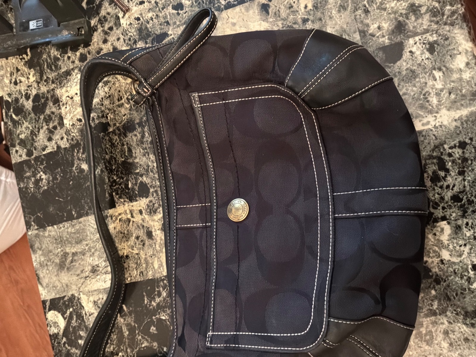 Coach signature black on black canvas and leather tote with front pocket