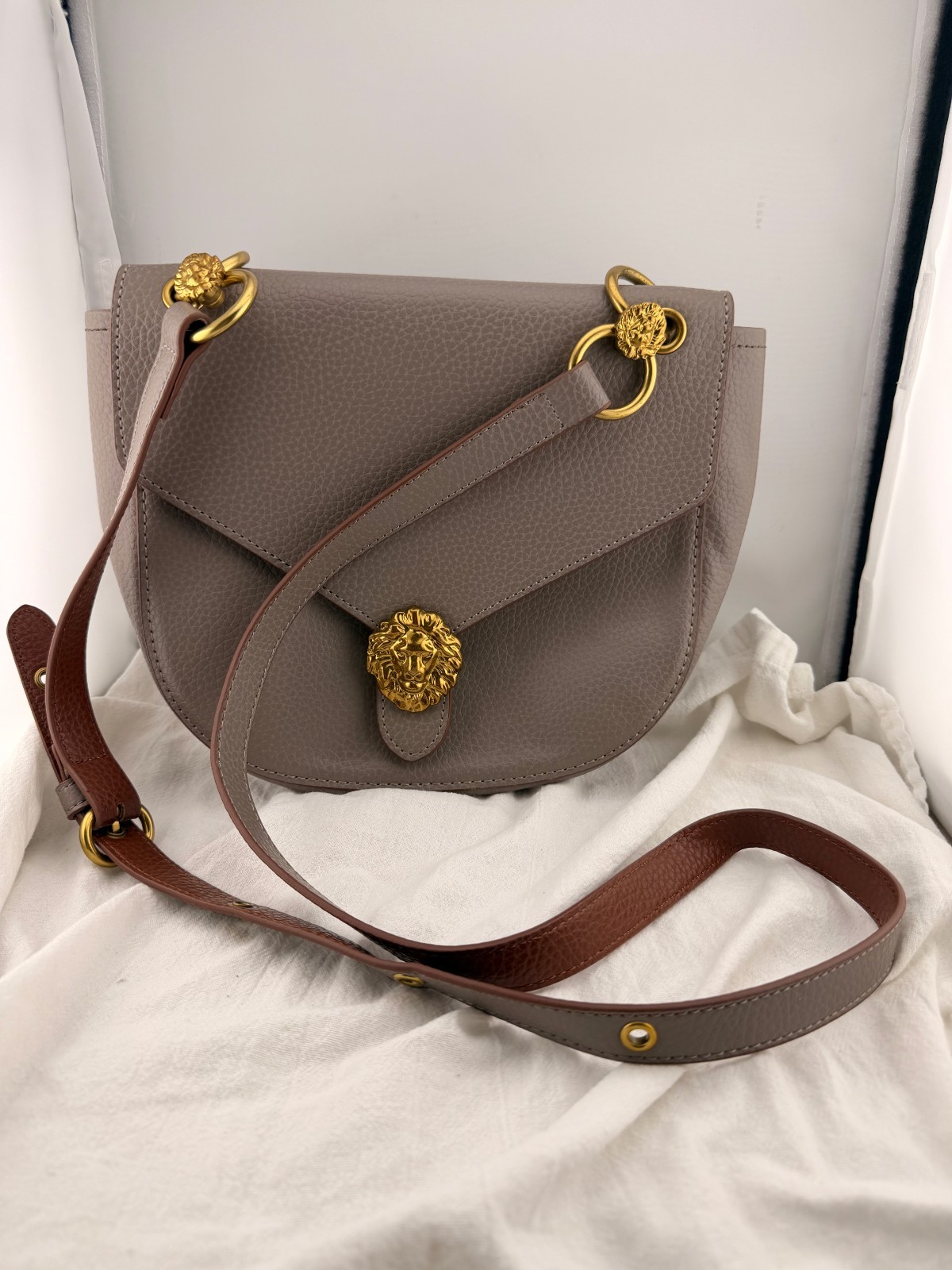 Anne Klein Lion Head Crossbody Saddle Bag Taupe Pebbled Faux Leather Purse