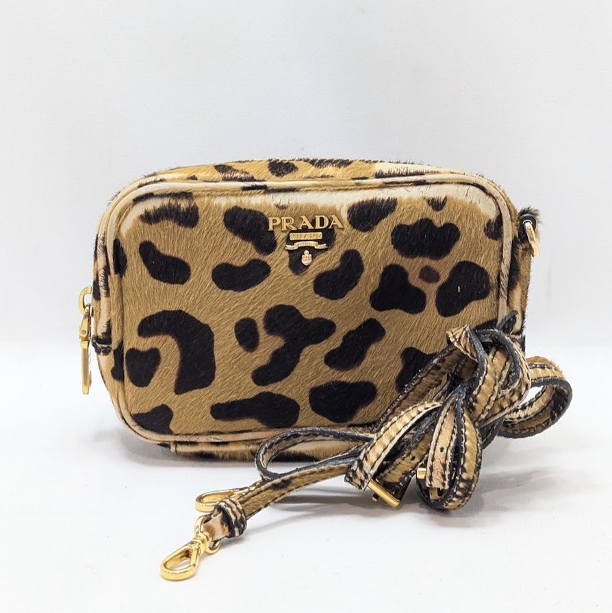 PRADA Harako Leopard Mini Shoulder Bag Leather Logo Beige Gold 7/G Authentic