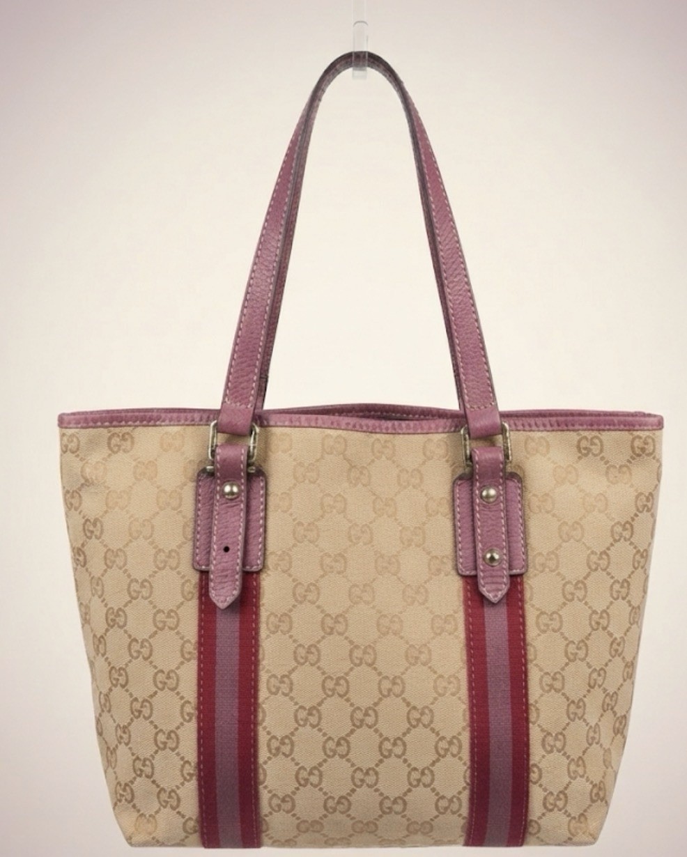 Authentic Gucci Vintage GG Canvas Pink Sherry Line Tote Bag Made in Italy