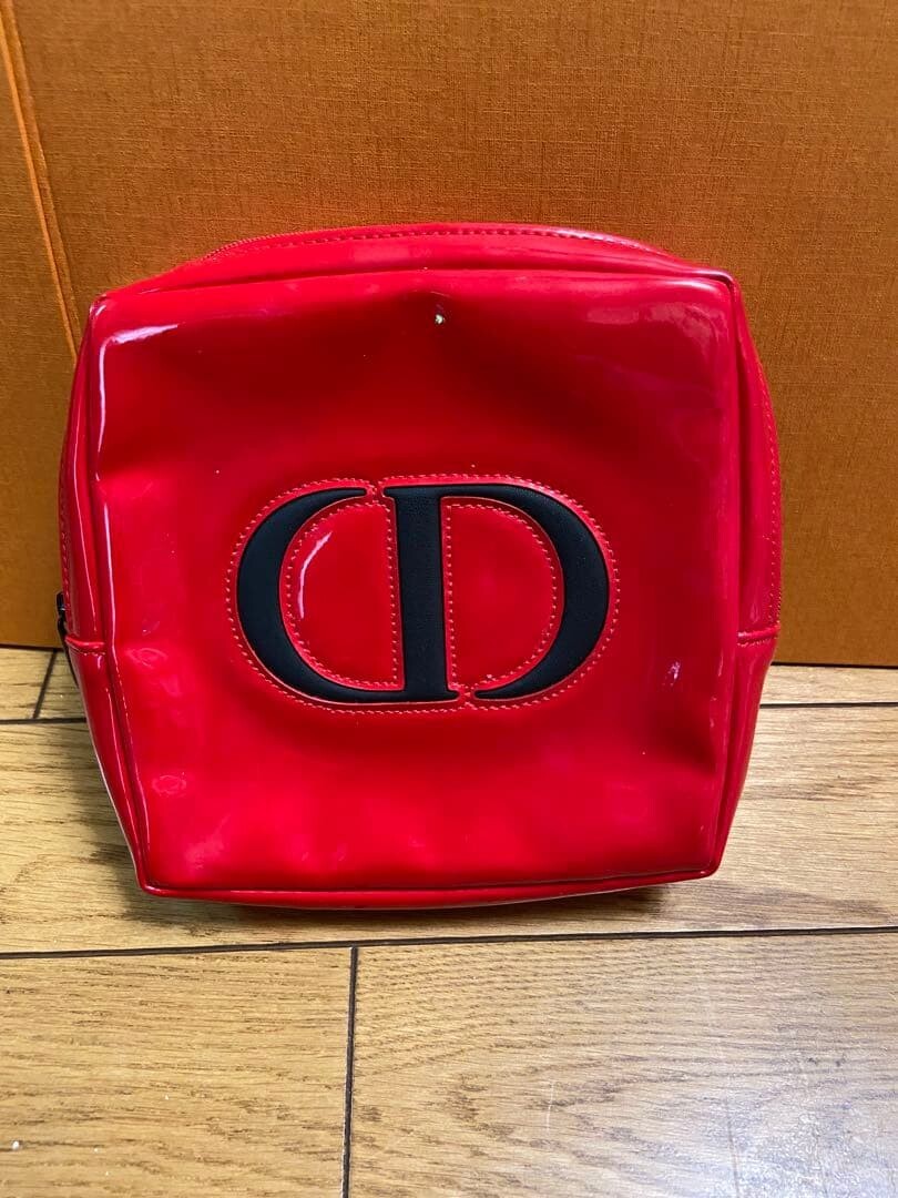 Christian Dior CD Logo Red Pouch Black Zip Fabric Lined Women Auth