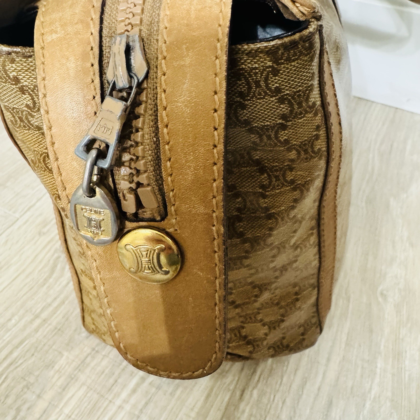 CELINE Tan Brown Coated Canvas Leather Macadam Top Handle Boston Bag Italy Auth.