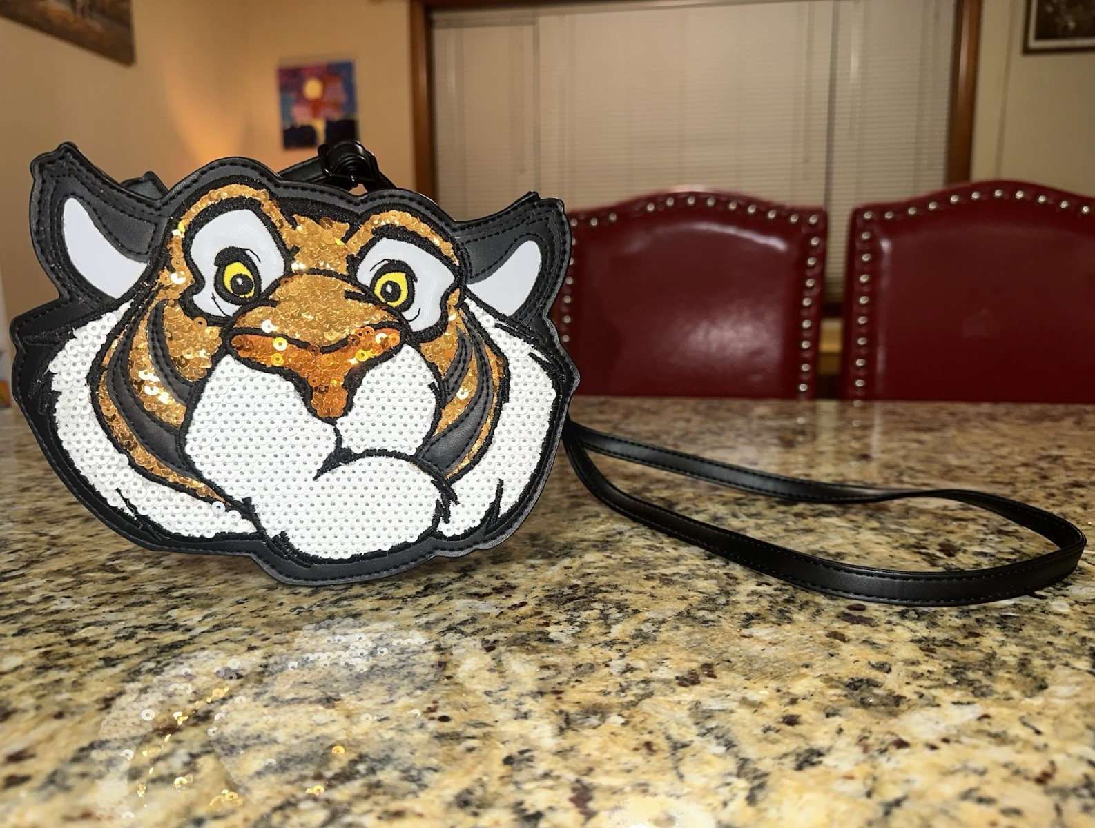Disney Tiger Face Sequin Accent Zip Crossbody Bag Black White Gold Women