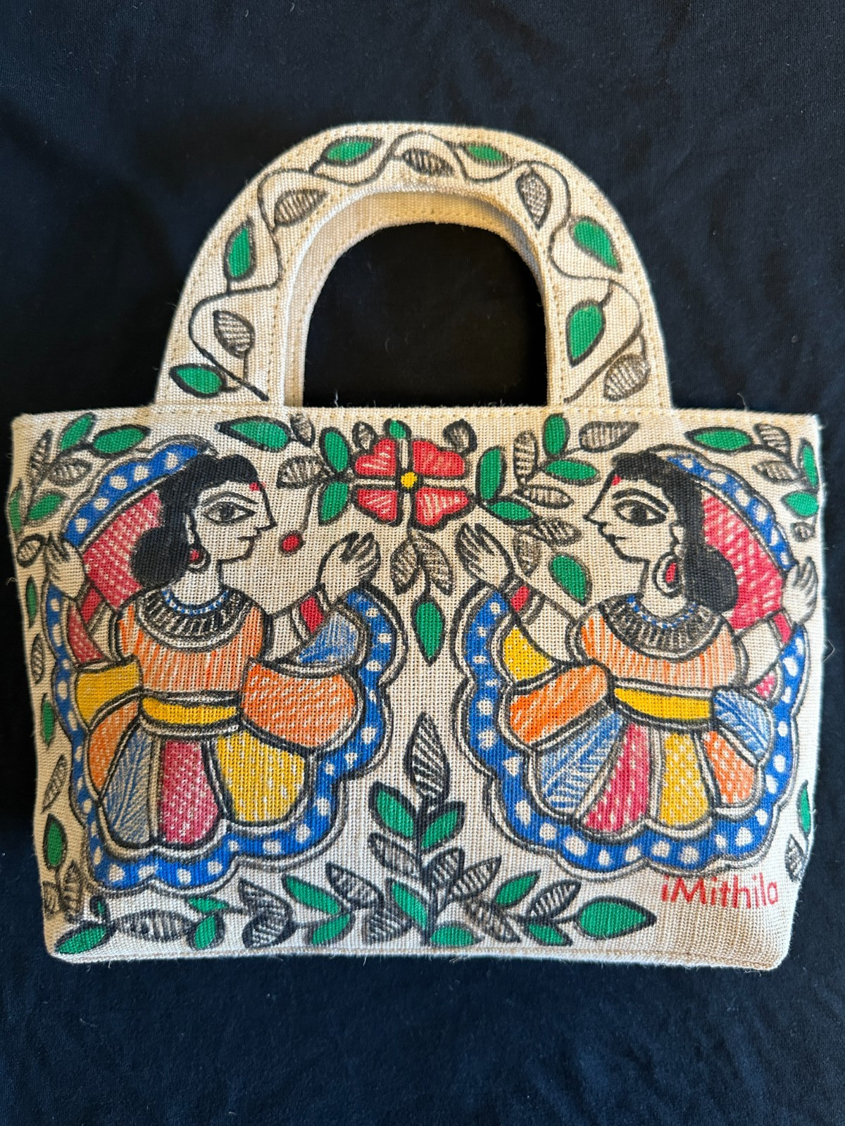 Beige- Handpainted tradational Jute Cotton Hand Bag.1 Day FREE Shipping from US