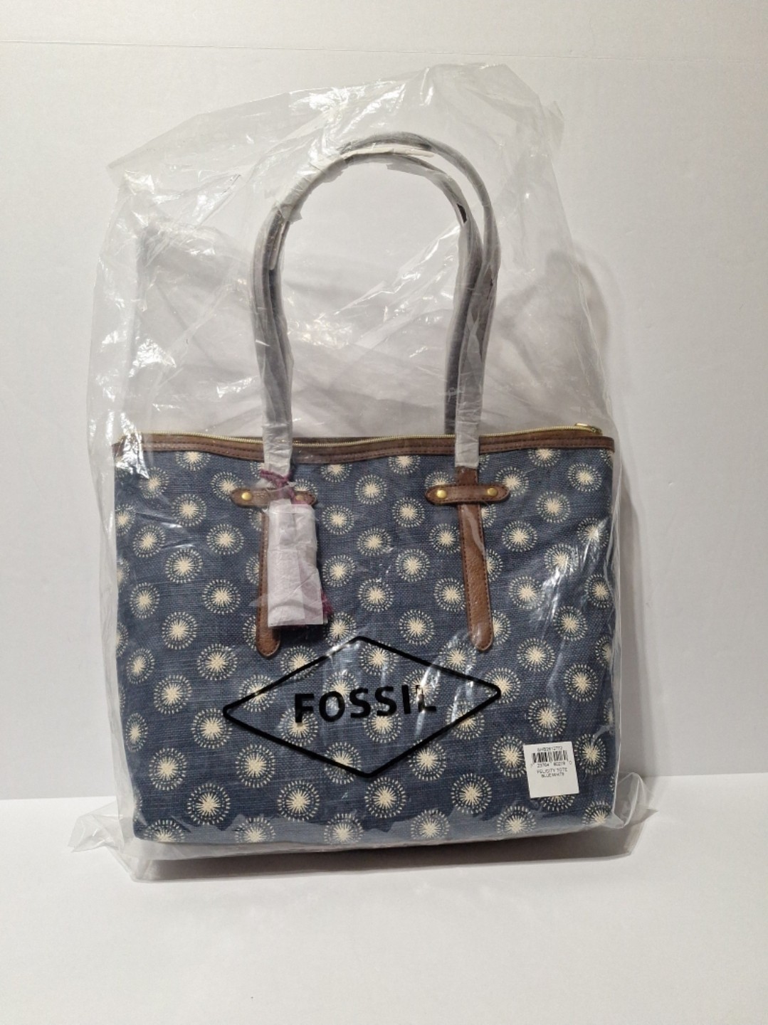 Fossil Felicity Tote Blue/White Starburst, Canvas and Leather trim and Handle