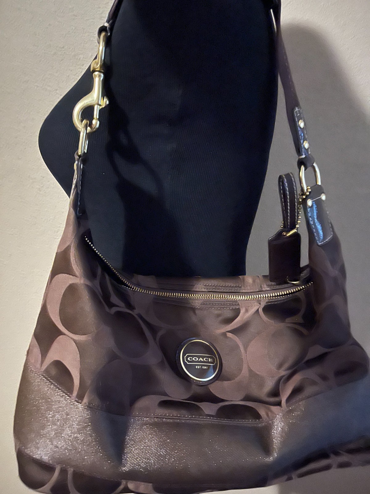 Rare Chocolate Brown Coach Canvas Shoulder Bag Purse Handbag Gold Hardware