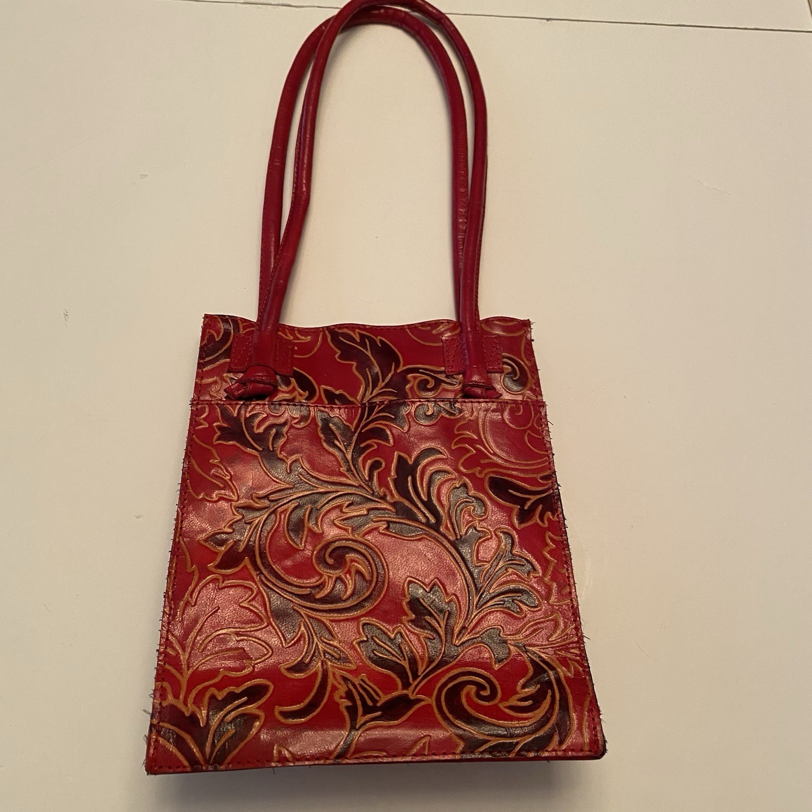 Unique Red/Brown/Tan Tooled Faux Leather Handbag Purse