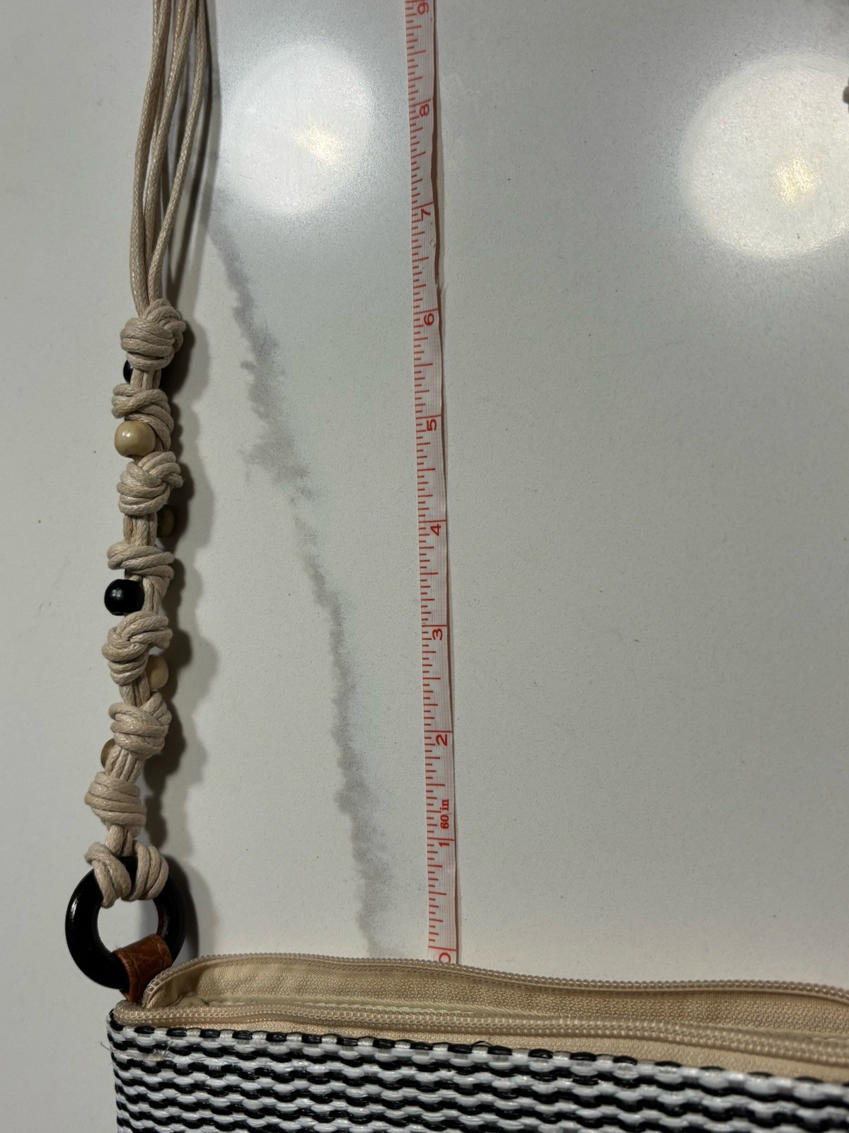 SUN ‘N’ SAND Beige White Black STRIPED Beaded POLY CANVAS CROSSBODY PURSE