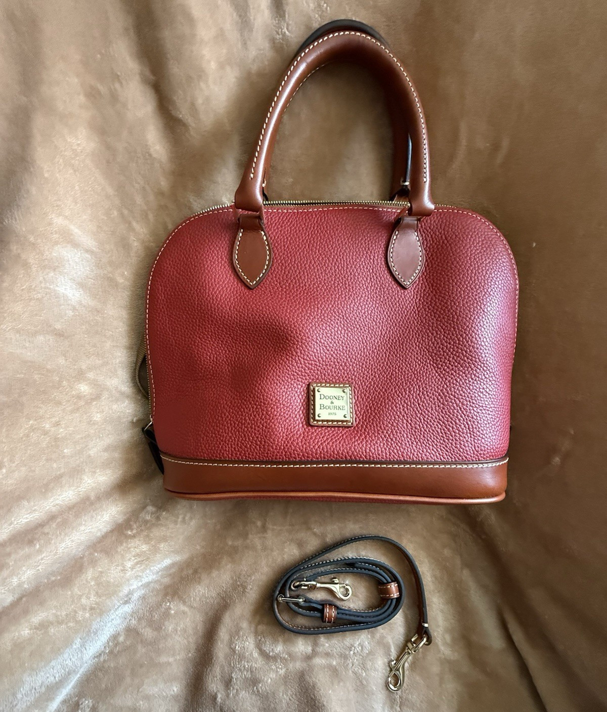 Dooney & Bourke Pebbled Dome Satchel Zip, Red/Brown, Strap & Dust Bag