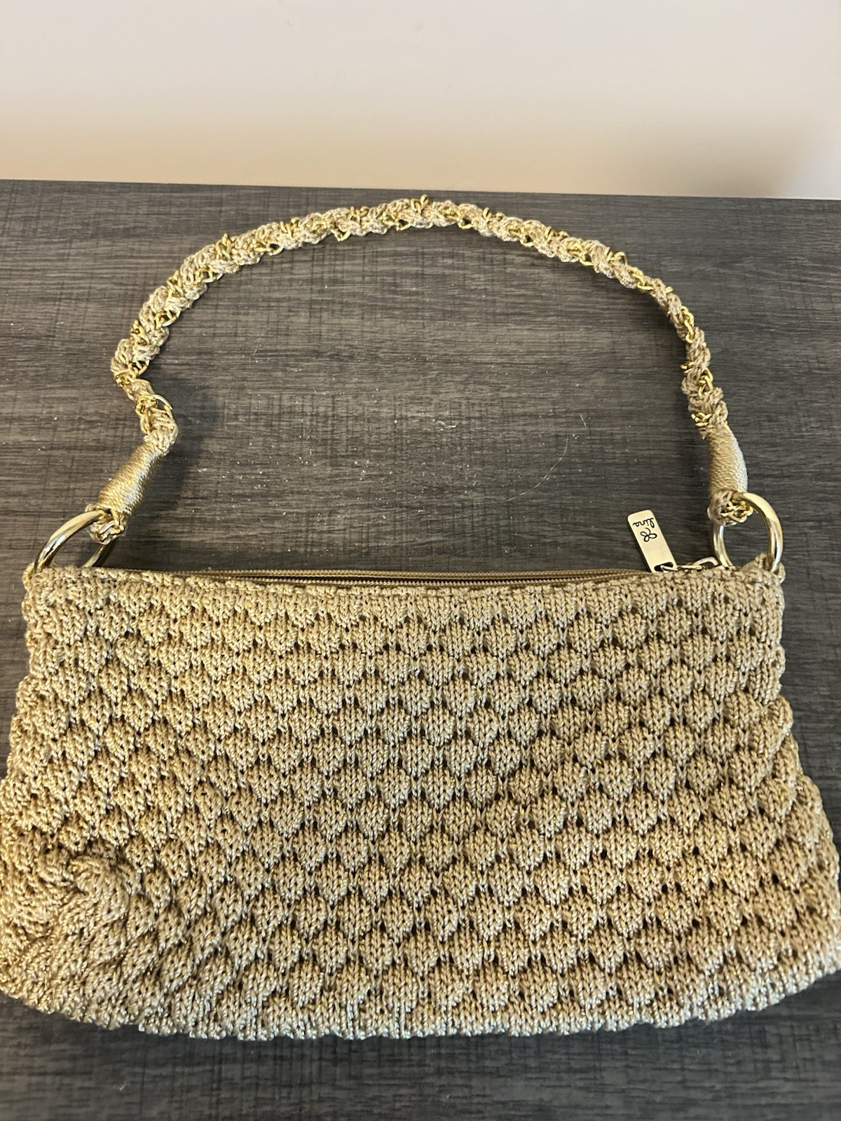 Lina Beige Metallic Woven Crochet Shoulder Bag