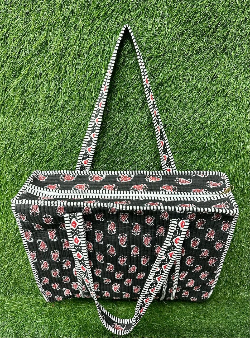 Black Floral Quilted Tote Bag Indian Hand Block Print Handbag Woman’s Market Bag