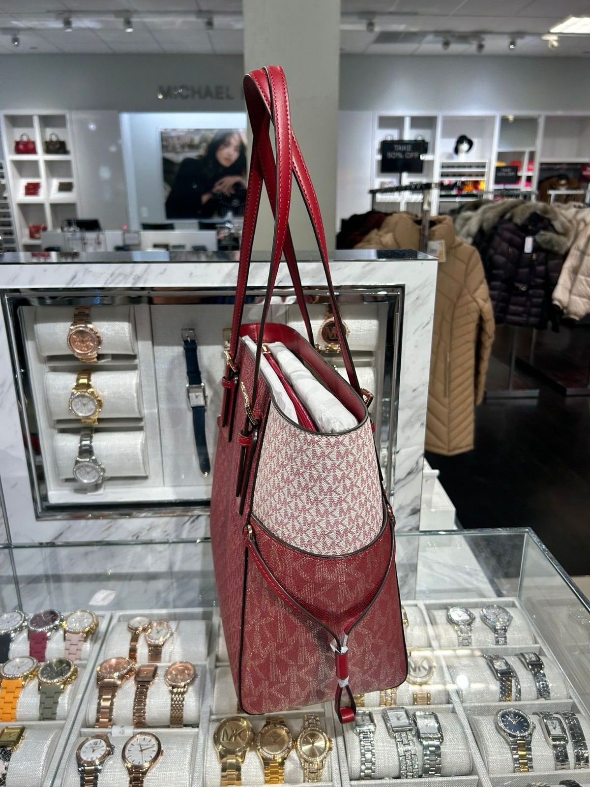 Michael Kors Voyager Large MK Signature Handbag Shoulder Tote Bag Cherry Purse