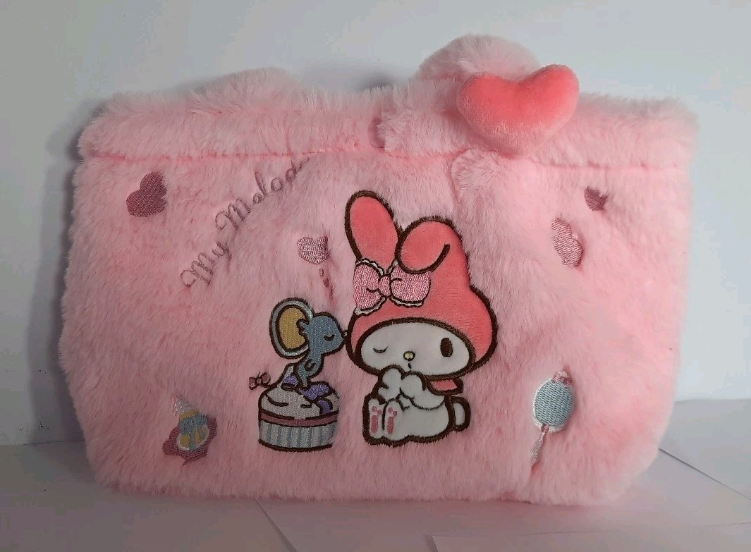Sanrio Hello Kitty Friend MY MELODY Pink Fur Plush PURSE Cosmetic Tote Bag Kids