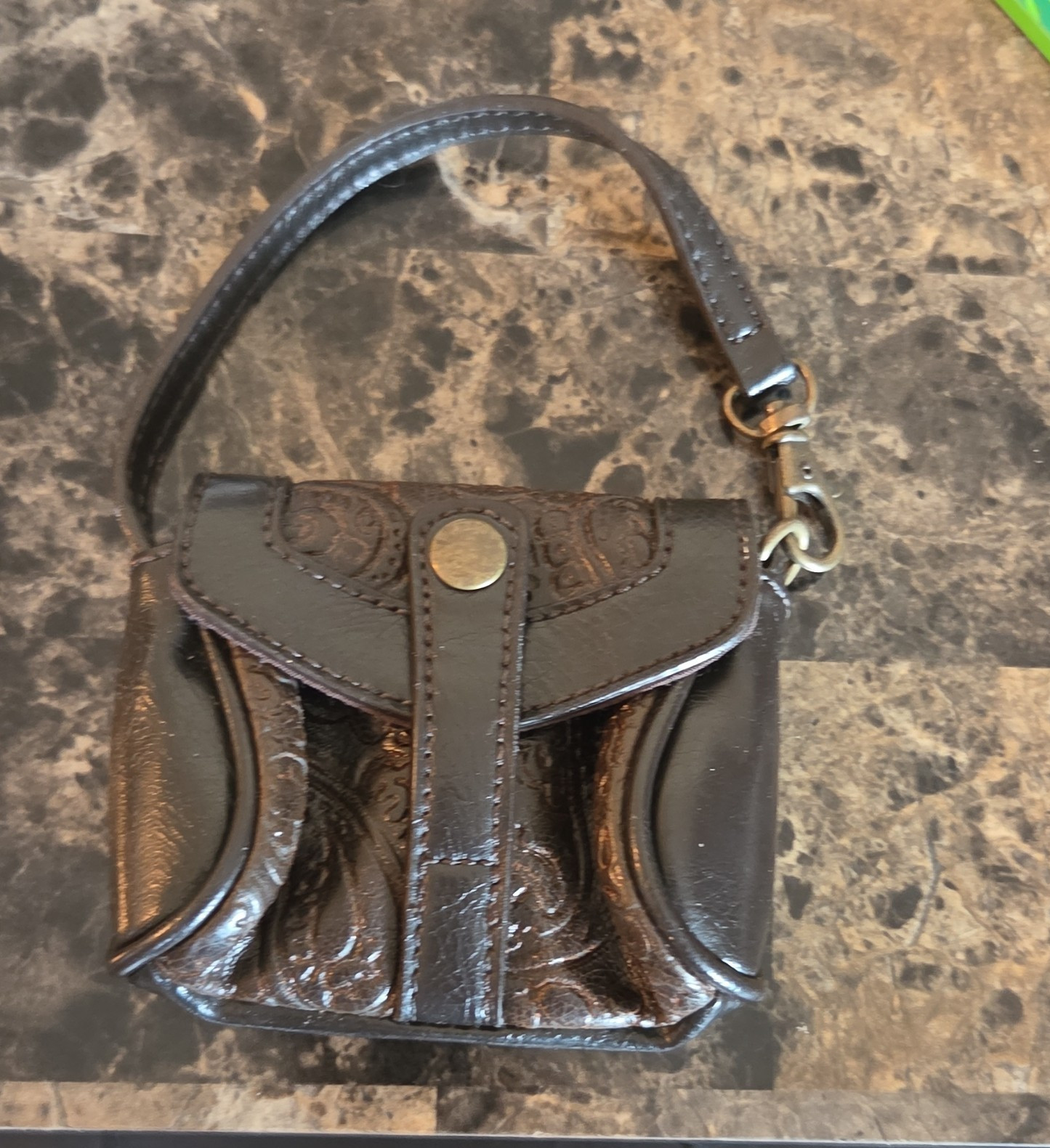 Women’s Brown Embossed Paisley Wristlet Purse, Snap, Silver Hardware