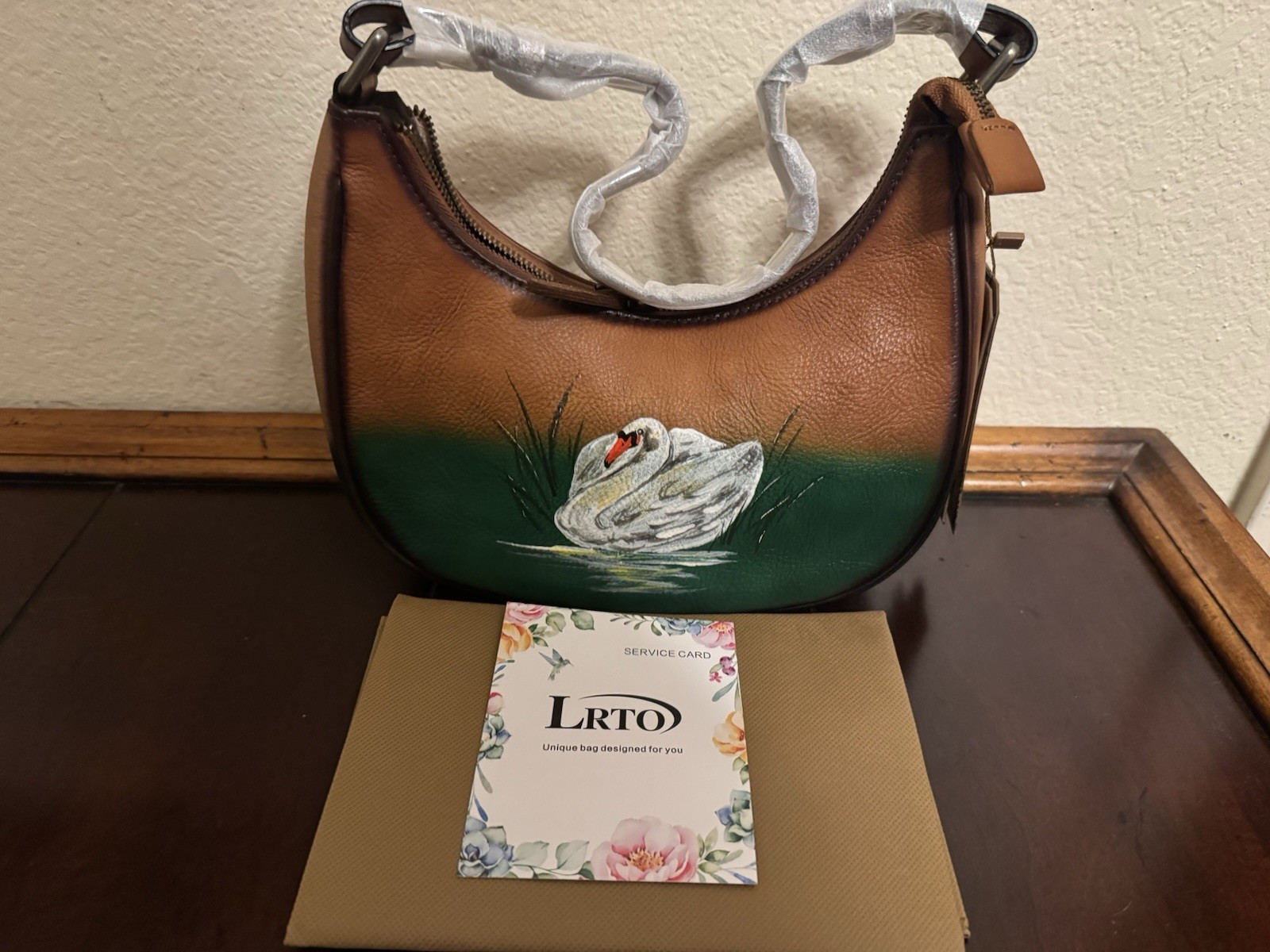 LRTO Leather Hand Painted Swan Green /Brown Satchel Shoulder Handbag w/ Coin Bag
