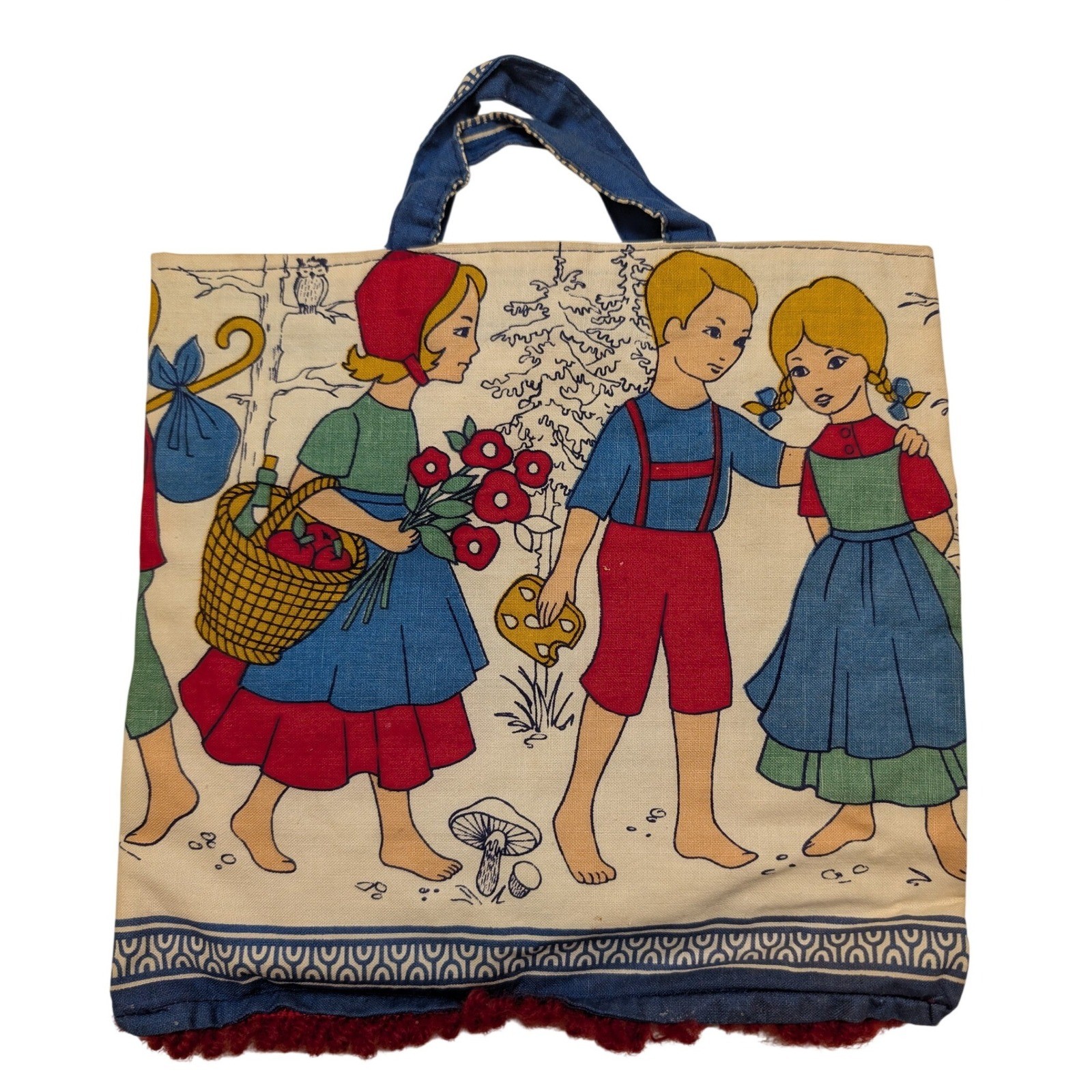 Vtg Hansel & Gretel Storybook Tote Bag Canvas Fabric Folk Art Red Fringe Small