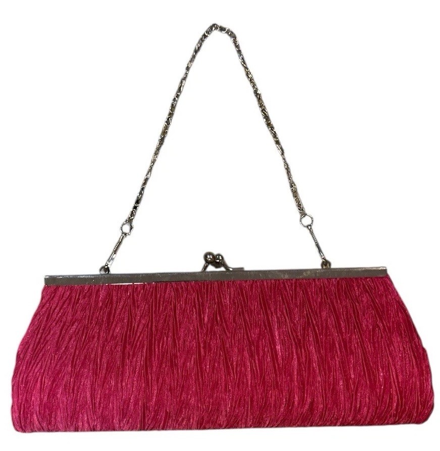 Women’s Metal Trim Pink Fabric Wedding Party Prom Evening Clutch Hand bag Chain