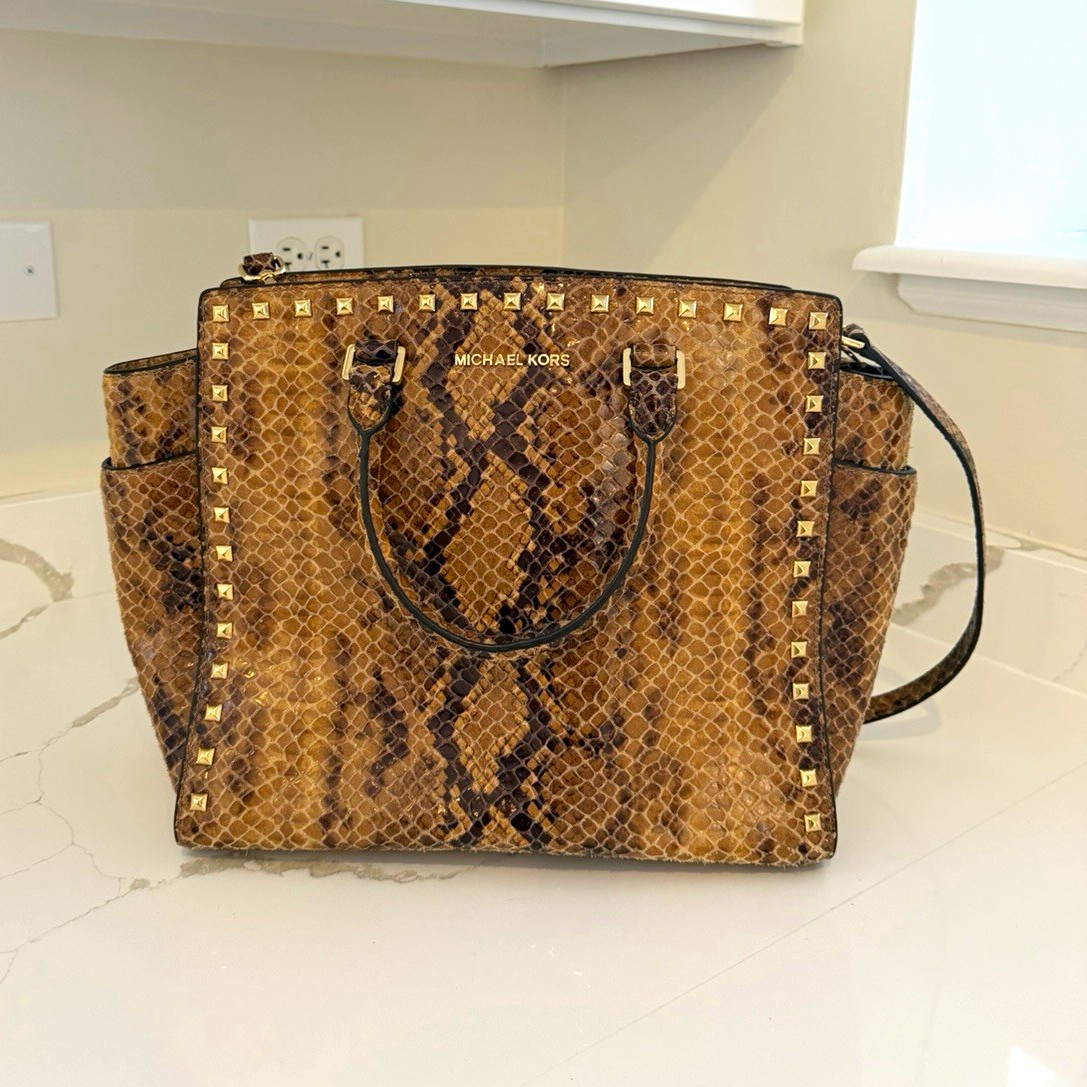 Michael Kors Large Brown Animal Print Studded Zip Satchel w Detachable Strap