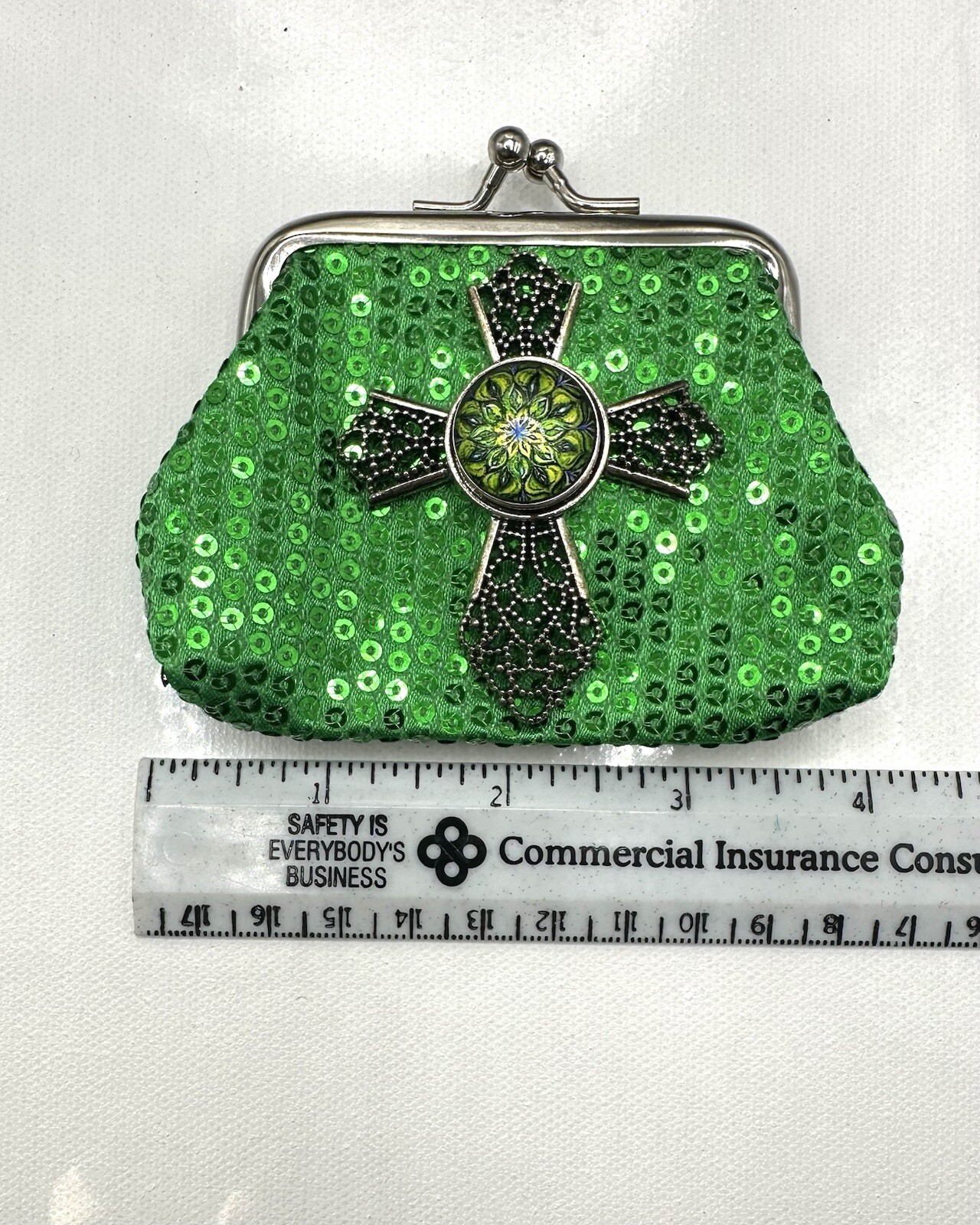 Green Sequin Silver Cross Coin Purse W/ Eclectic Floral 18mm Ginger Snap NWT