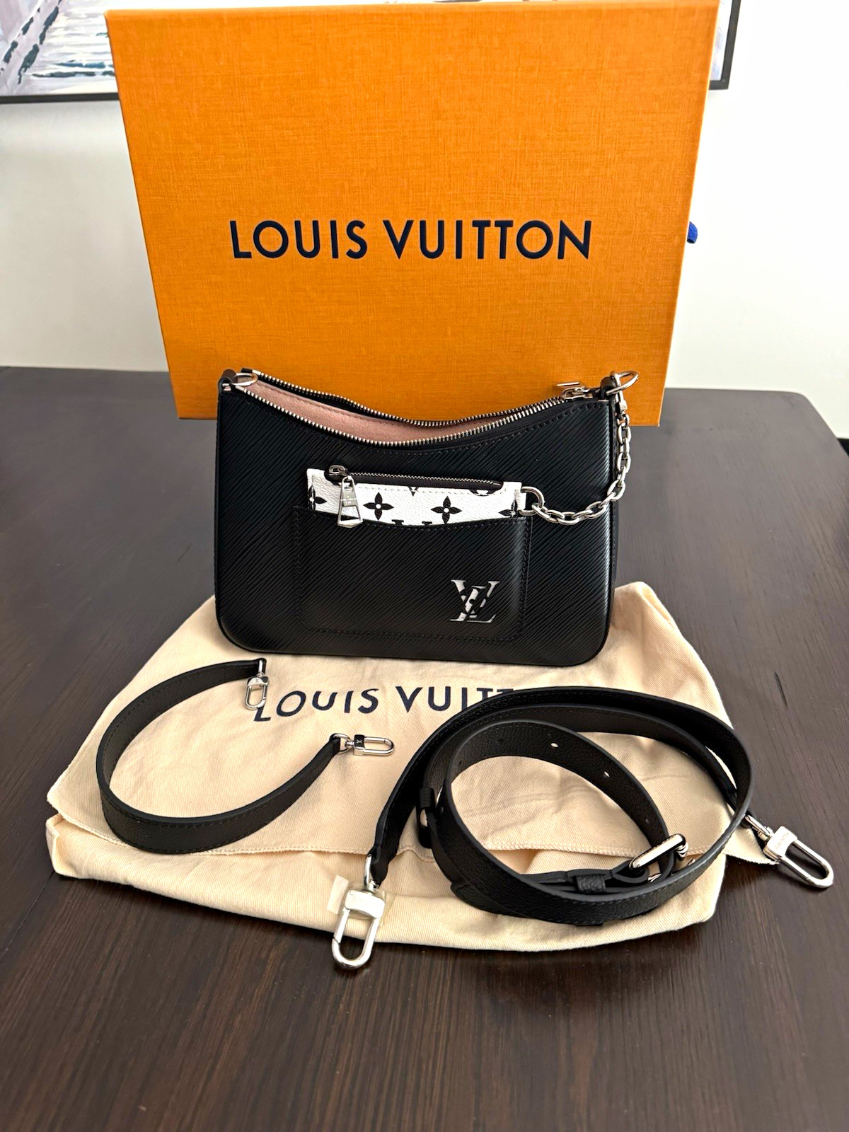 Louis Vuitton Marelle Black Epi Zip Crossbody Bag w/ Strap Dust Bag Box