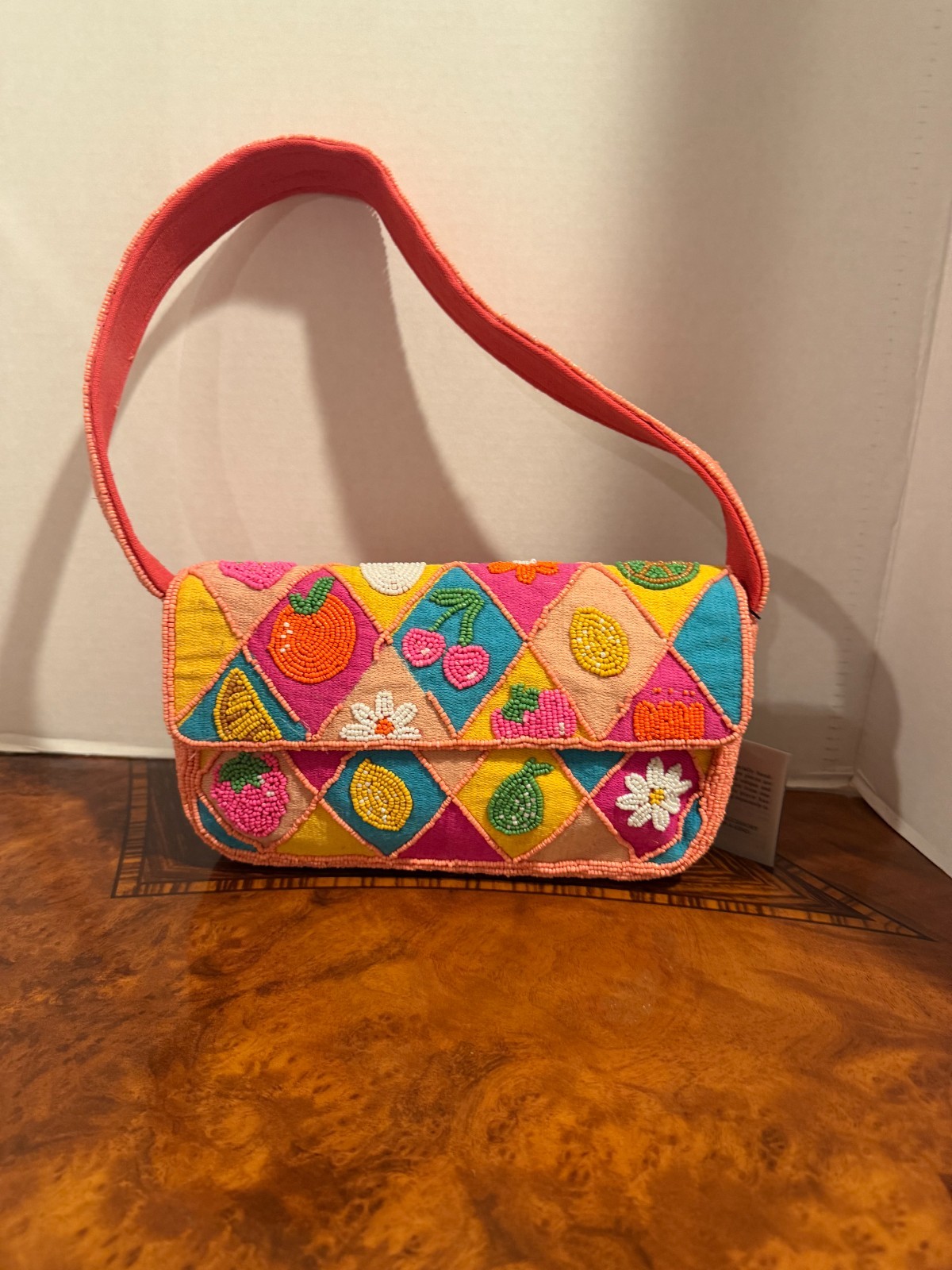 VIRAL NWT Orange Pink Fruit Strawberry Floral Beaded Bag Handmade in India