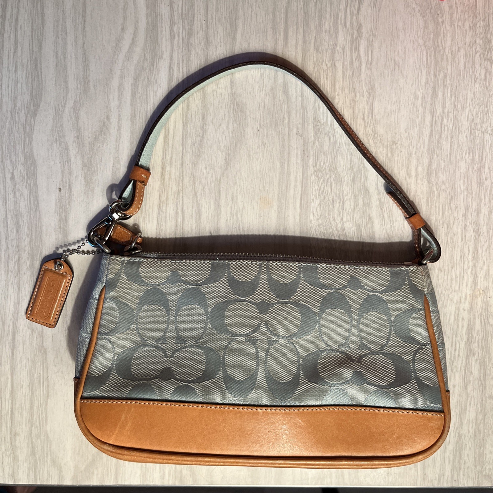 Coach Signature Demi Mini Pouch Hand Bag 6094 Light Blue Canvas Tan Leather Y2K