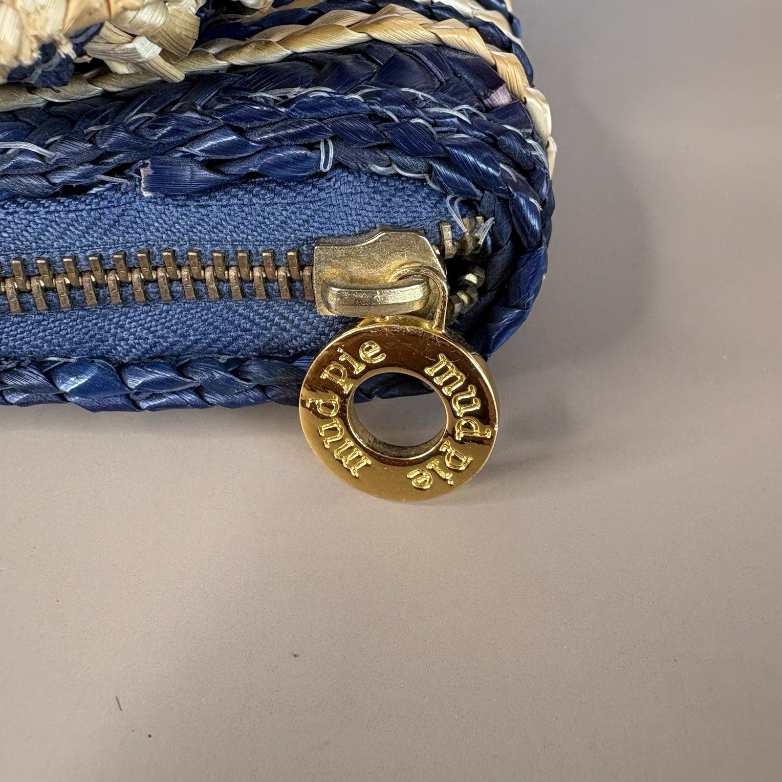 Mud Pie Flower Handbag Clutch Natural/Navy Woven Wheat Straw Stripes