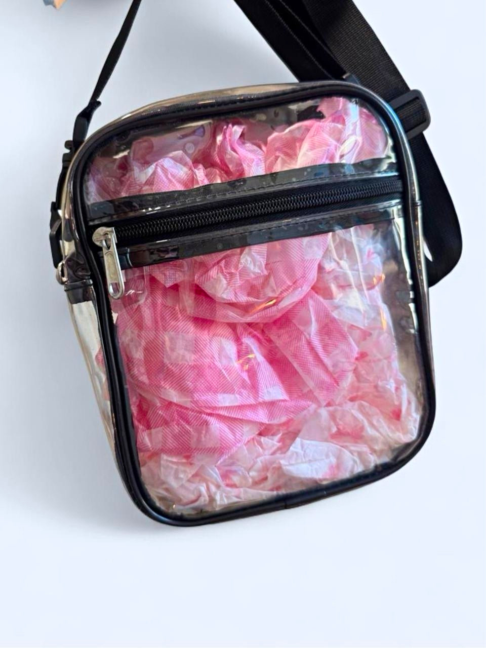 Clear PVC Crossbody Bag Black Trim Strap Zip Outer Pocket Silver
