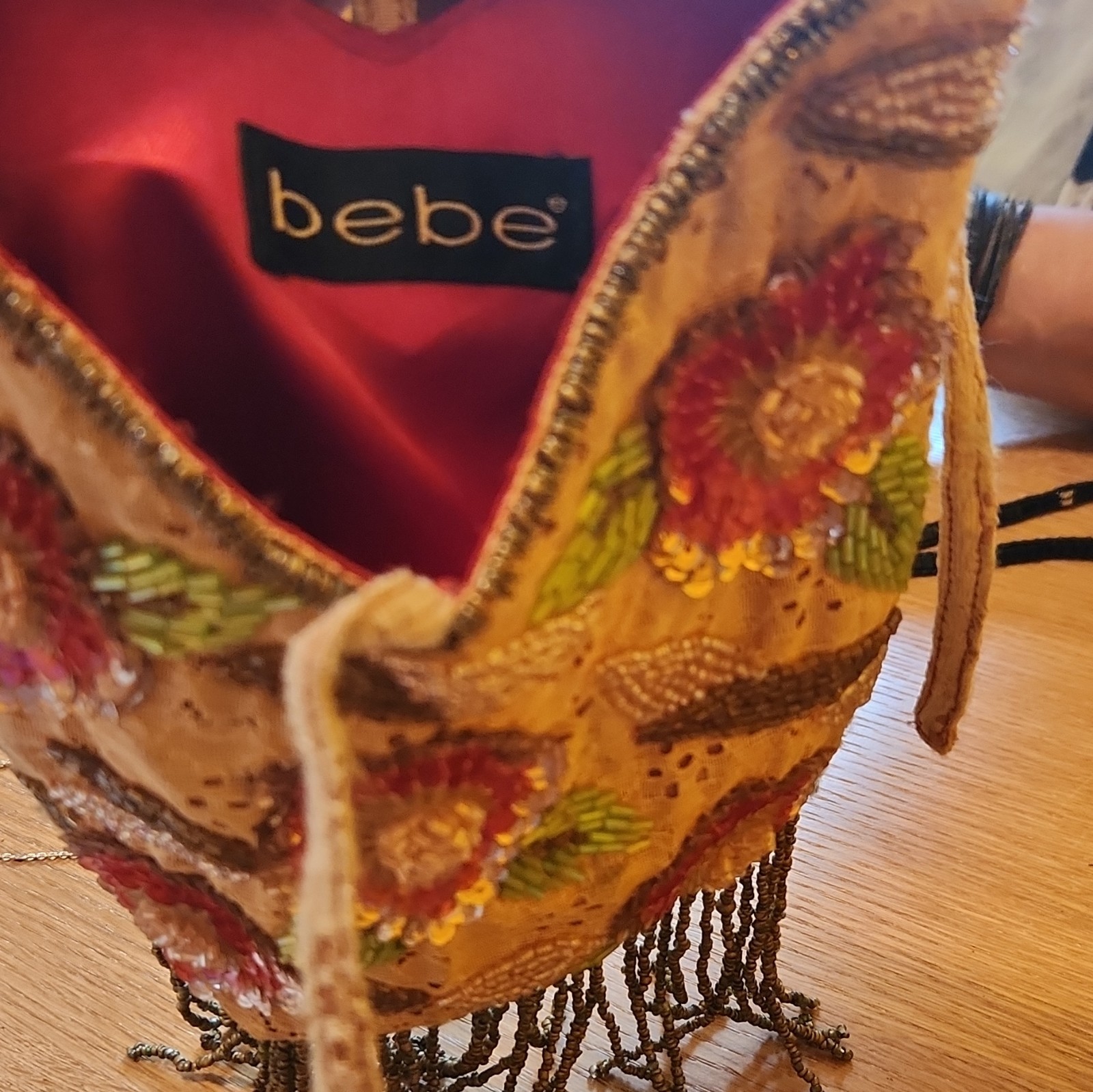 bebe Beige Floral Beaded Sequin Fringe Handbag Drawstring w/ Short Strap