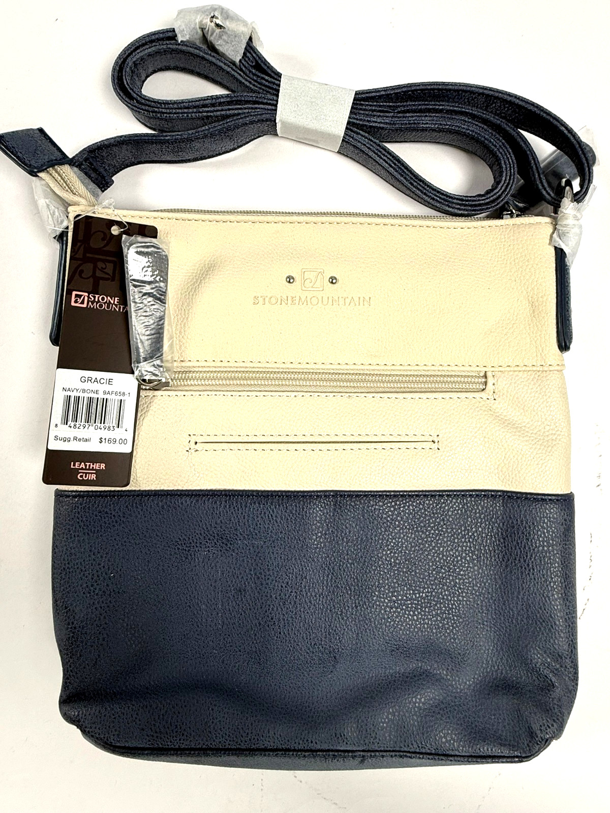 Stone Mountain Gracie Leather Crossbody Hobo Shoulder Bag Navy/Bone NWT