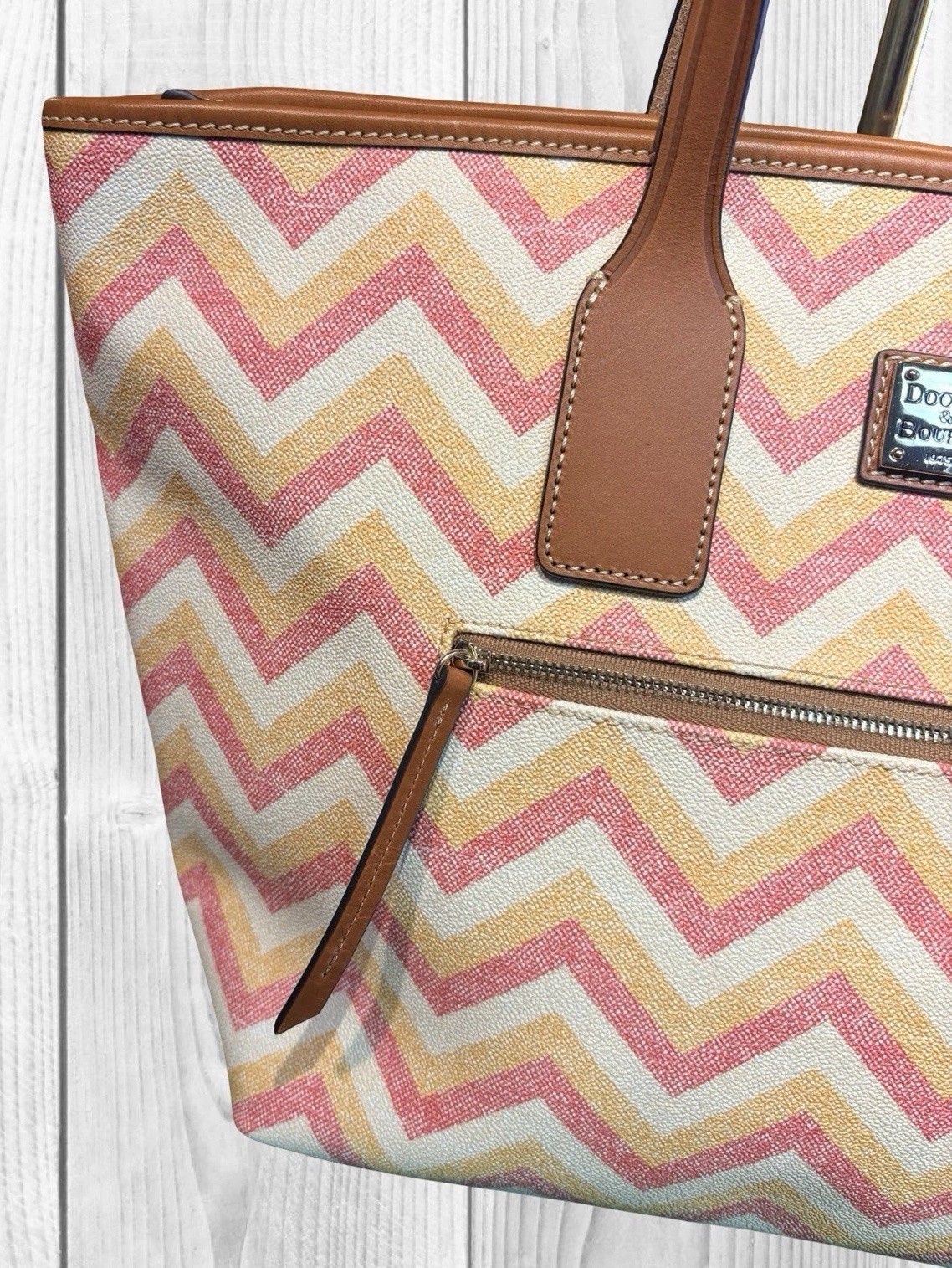 Dooney Bourk Chevron Zig Zag Orange Yellow Pink Large Shopper Tote Shoulder Bag