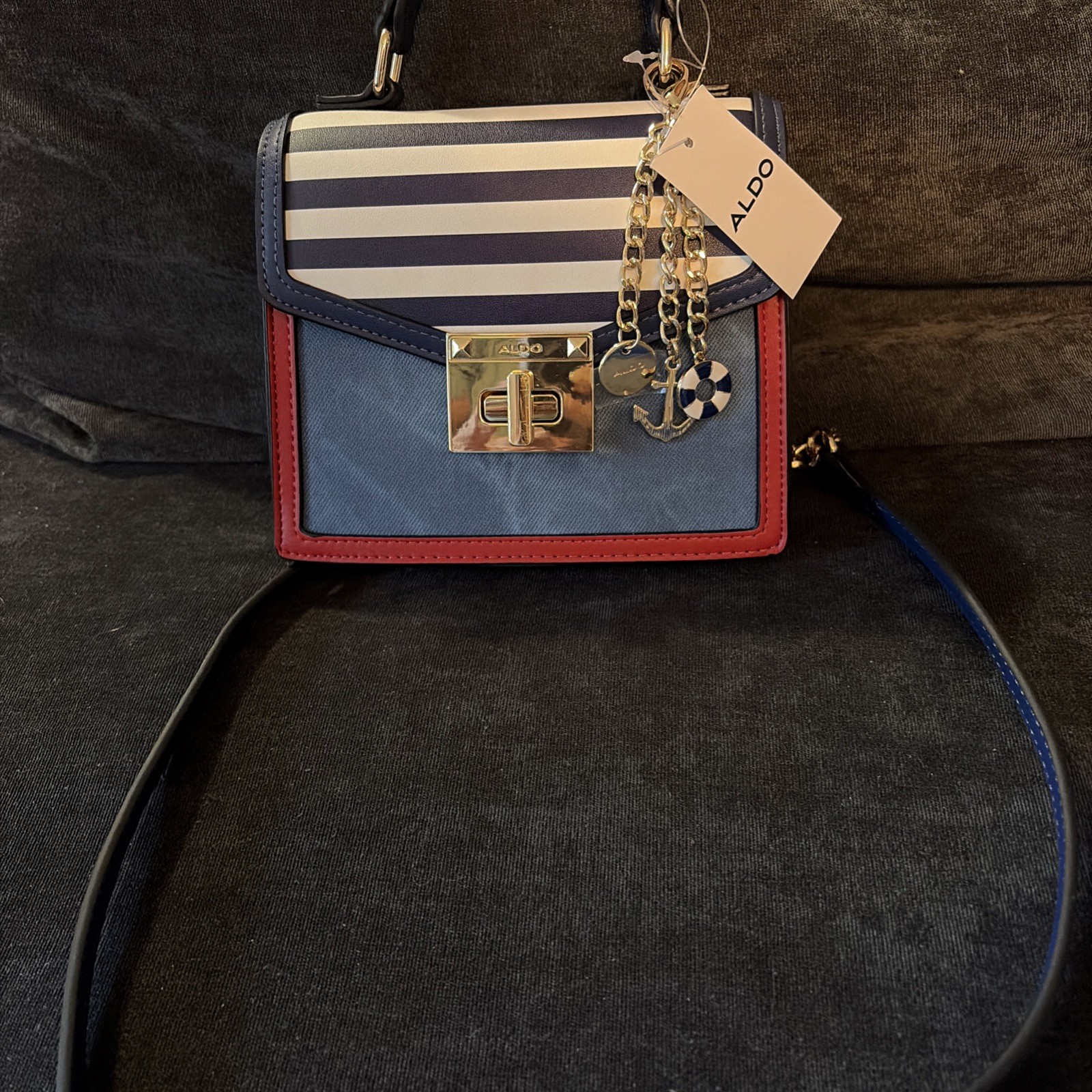 Aldo Red White Blue Striped Nautical Gold Chain Crossbody Purse