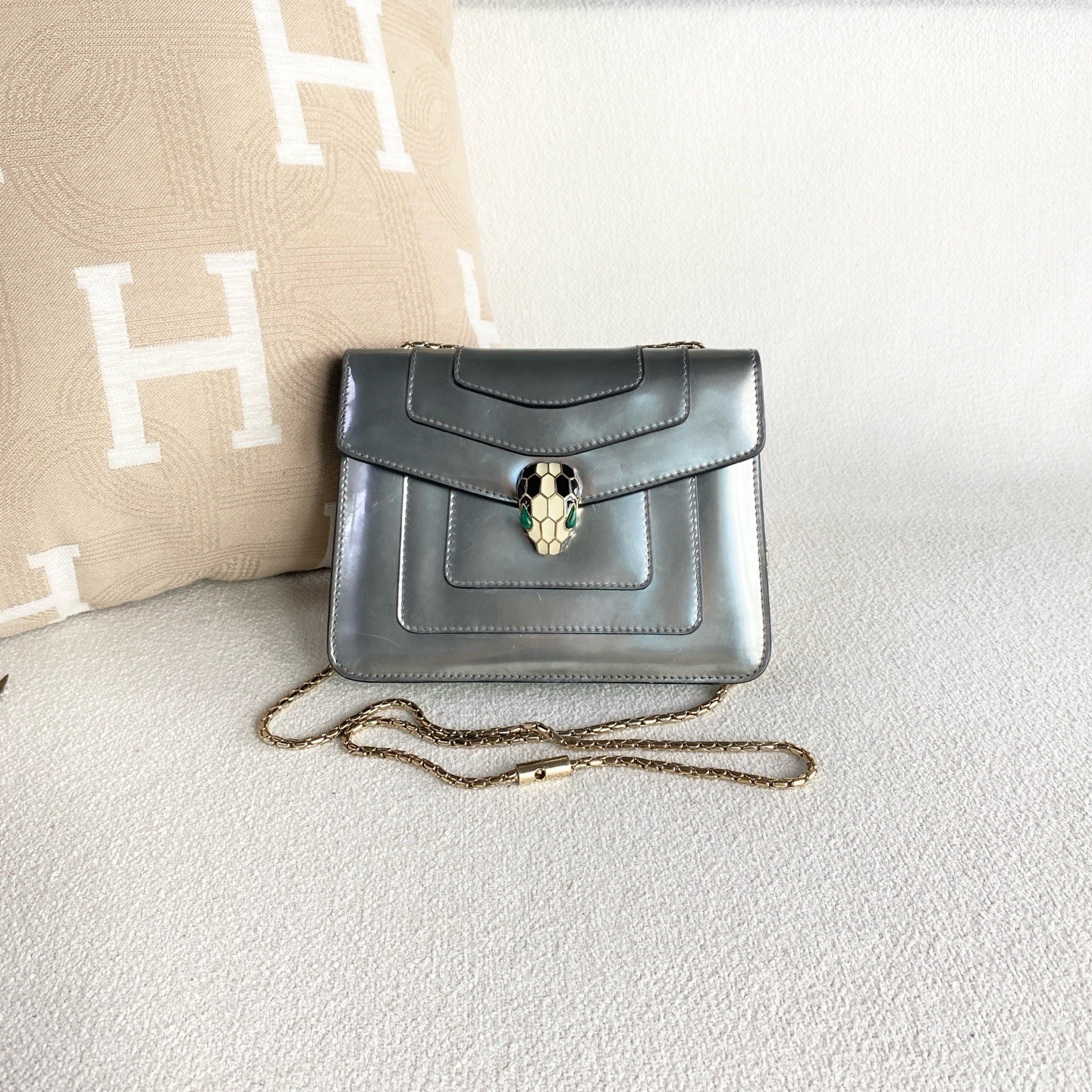 Bvlgari Serpenti Forever Small Flap Crossbody Metallic Silver Patent Leather Bag