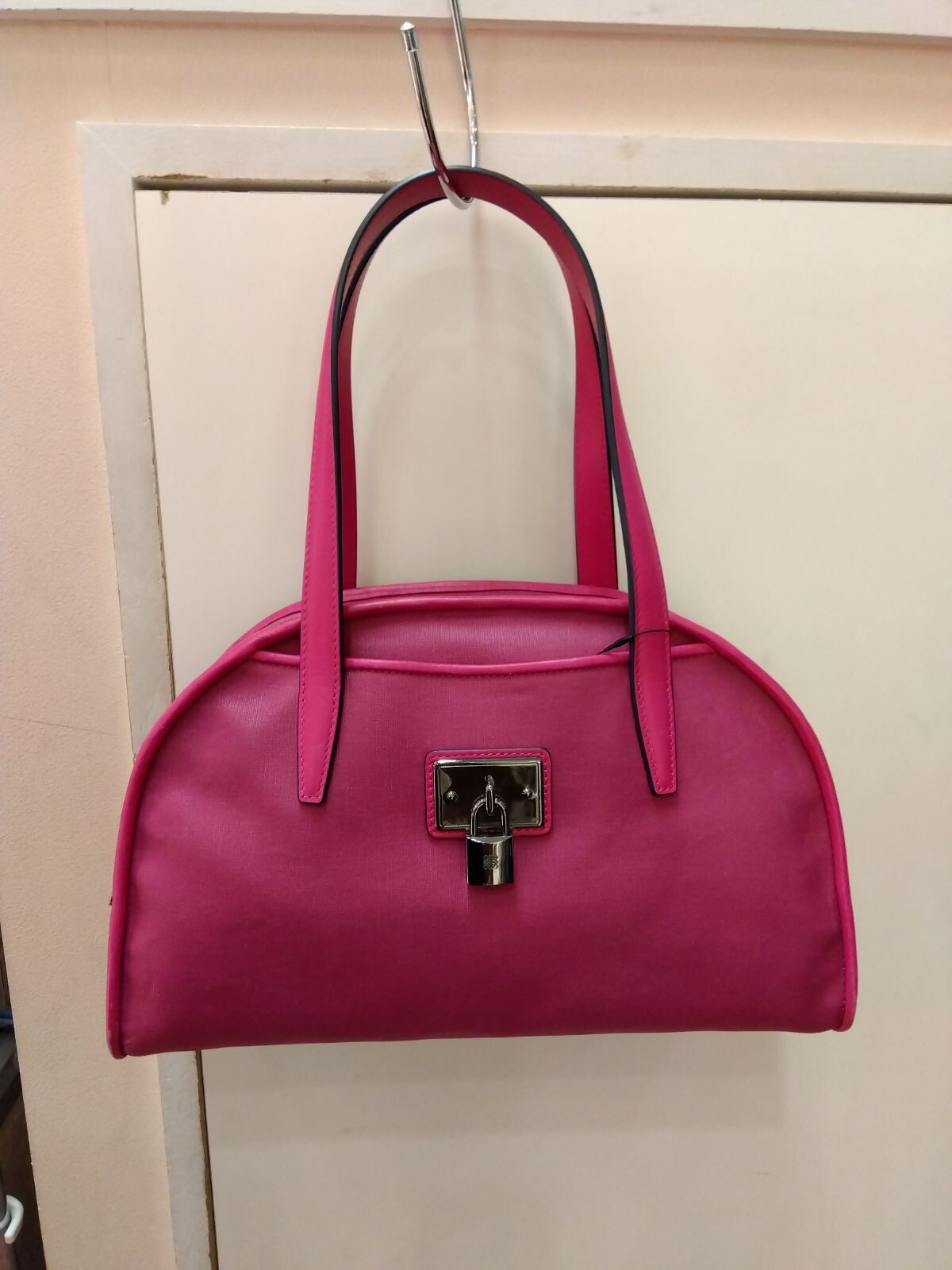 LOEWE Pink Purple Boston Bag PVC Canvas Leather Cadena Lock 33cm Dust Bag Key