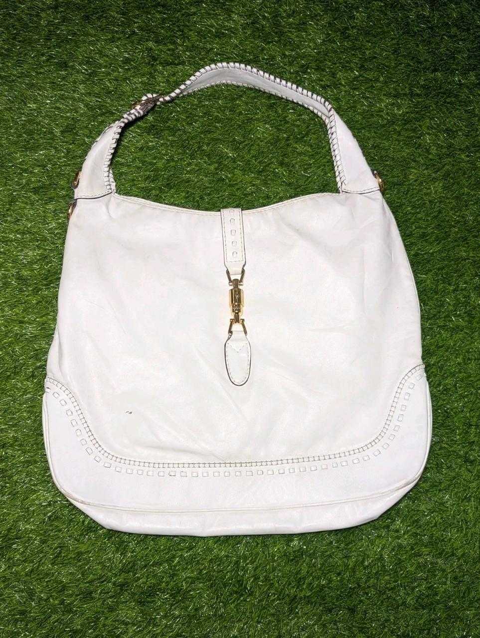 Gucci Jackie White Leather Hobo Shoulder Bag Gold Hardware Italy 219704