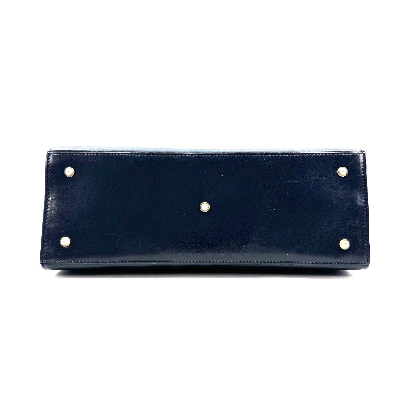 GUCCI Vintage Lady Lock Handbag Leather Top Handle Dark Navy Authentic