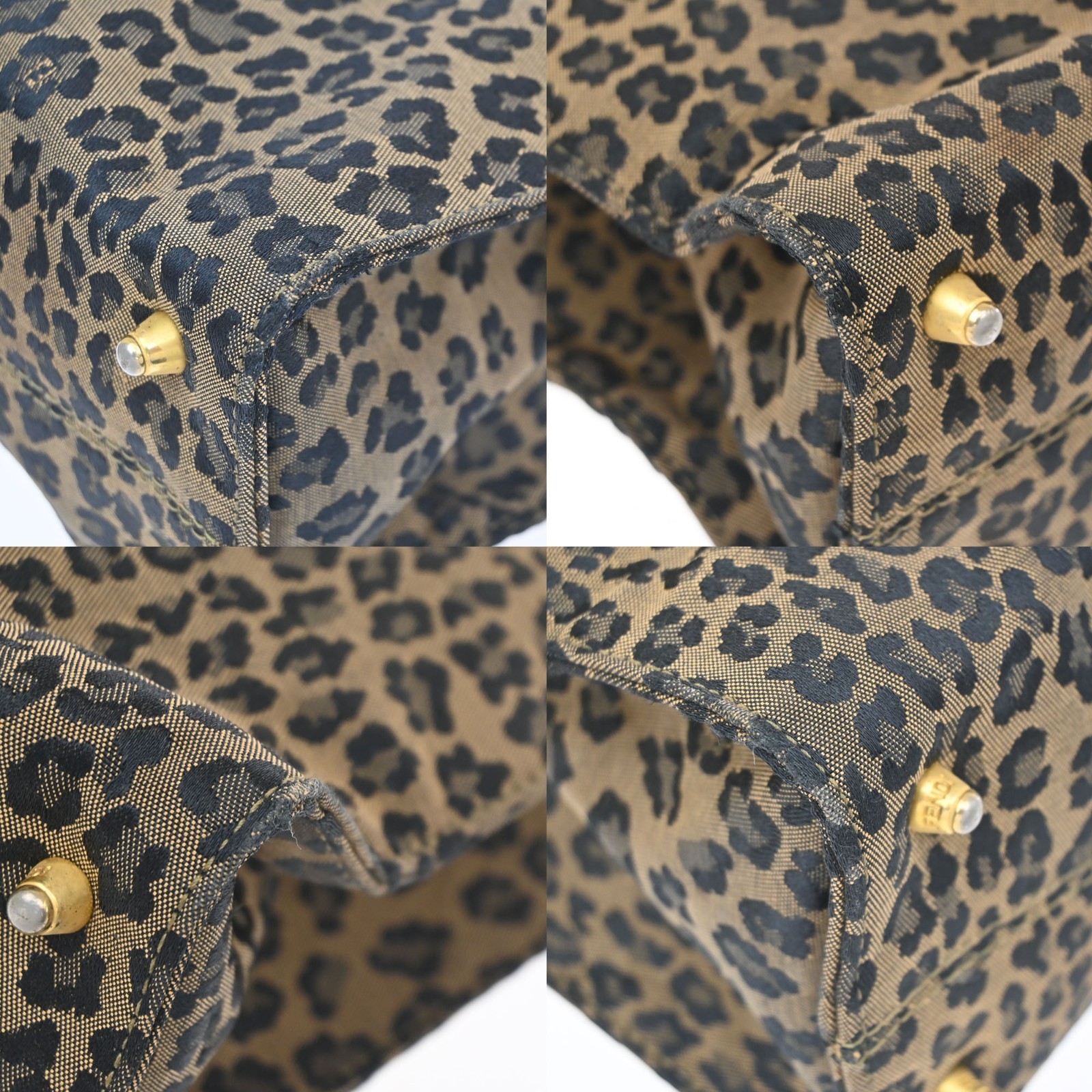 FENDI Logo Leopard Pattern Hand Bag Canvas Leather Brown Red Italy 38KD067