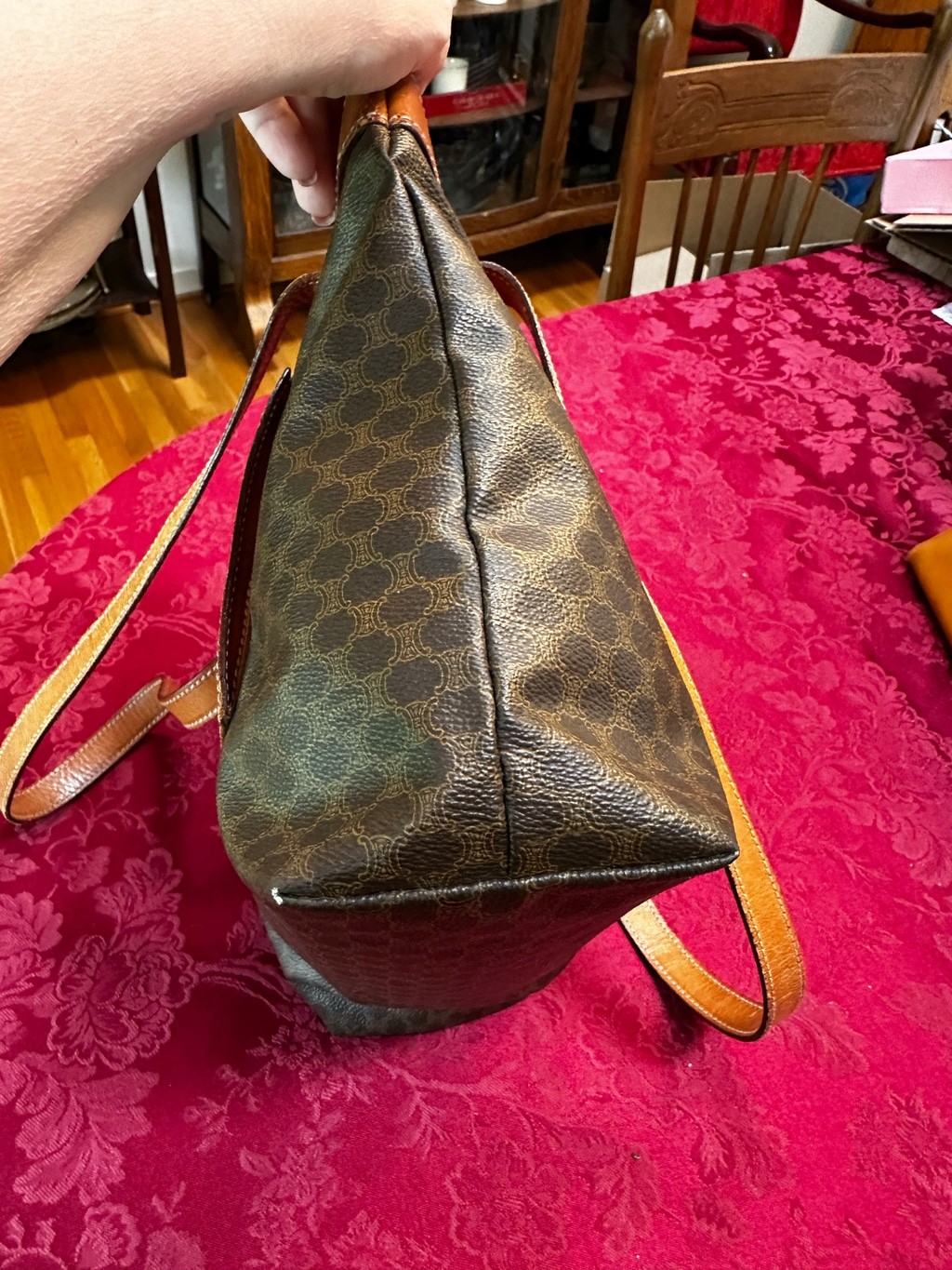 Celine Brown Macadam Coated Canvas and Tan Leather Tote Bag