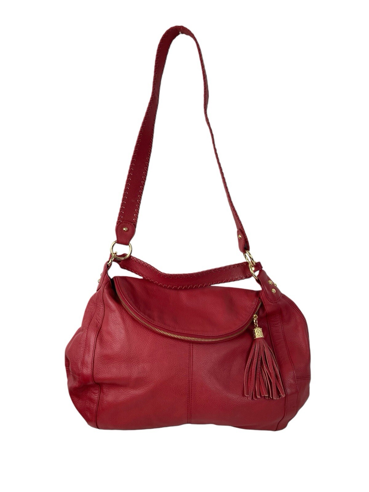 ONNA EHRLICH RACHEL Red Pebbled Leather Large Hobo Bag Purse Tassle Designer Zip