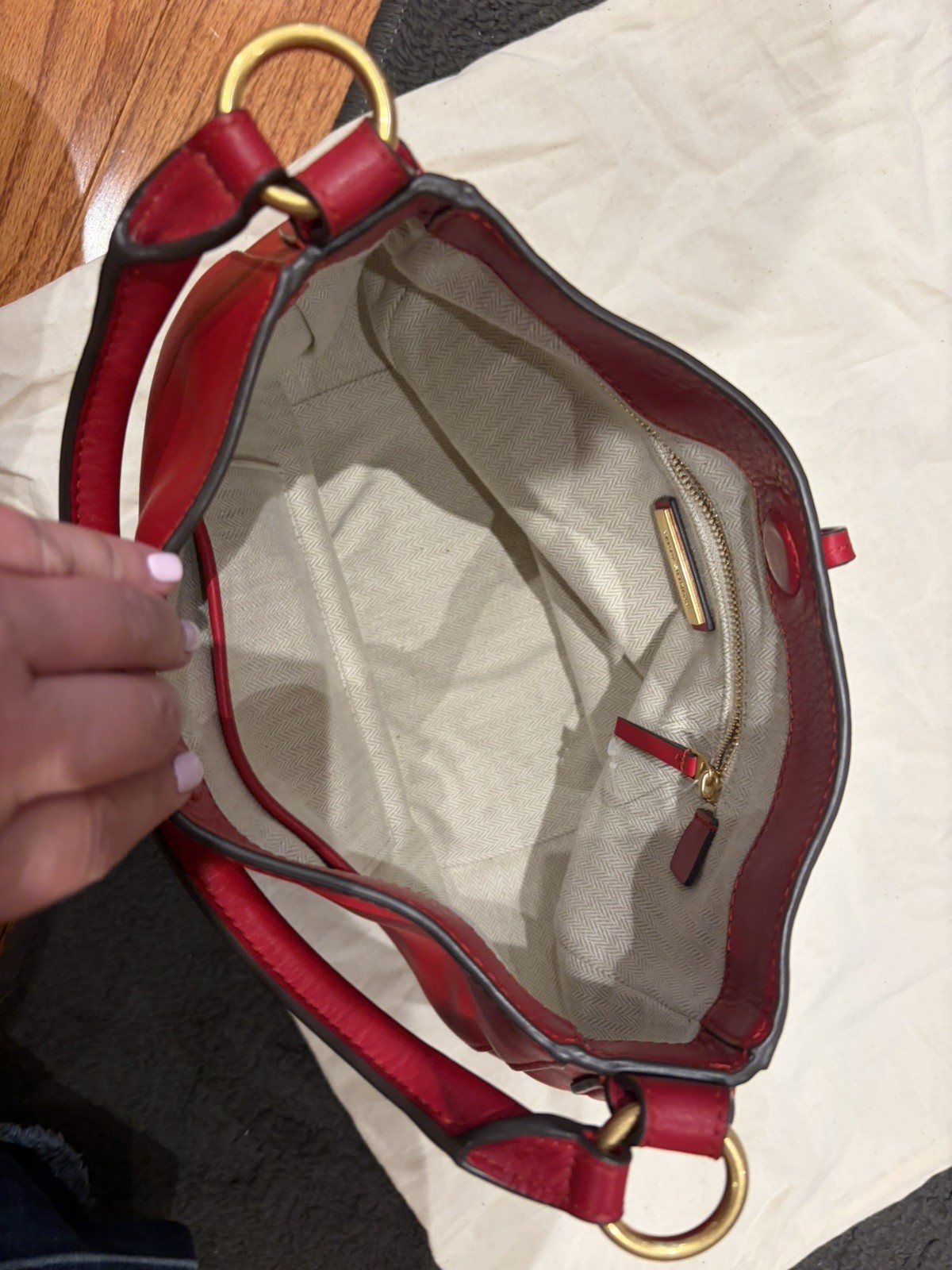 Tory Burch Red Leather Miller Hobo Bag with Multi Colour Logo Clasp