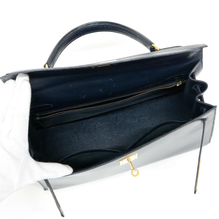 HERMES Kelly 32 Handbag Box Calf Leather Gold Hardware 〇W 1993 Bleu Indigo(Navy)