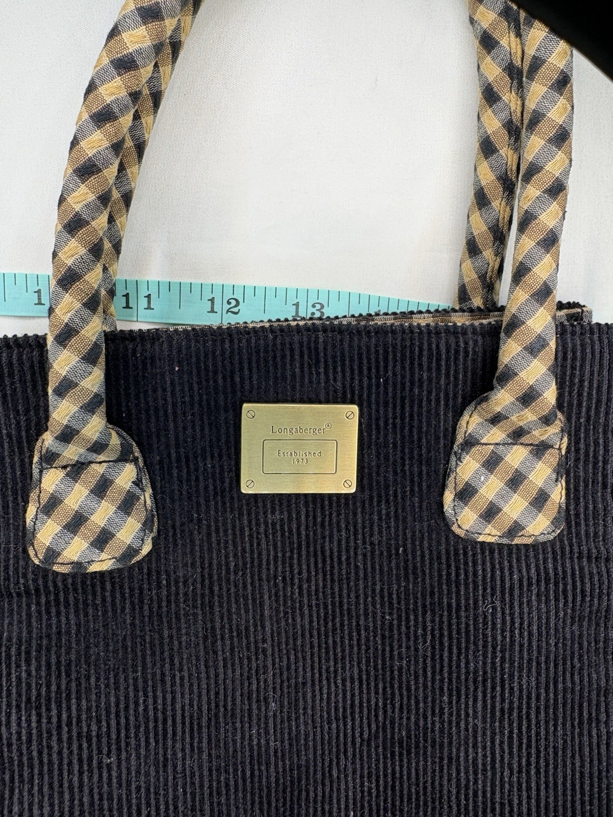 Longaberger Black Corduroy Small Double Handle Tote Bag w/Checkered Detail Used