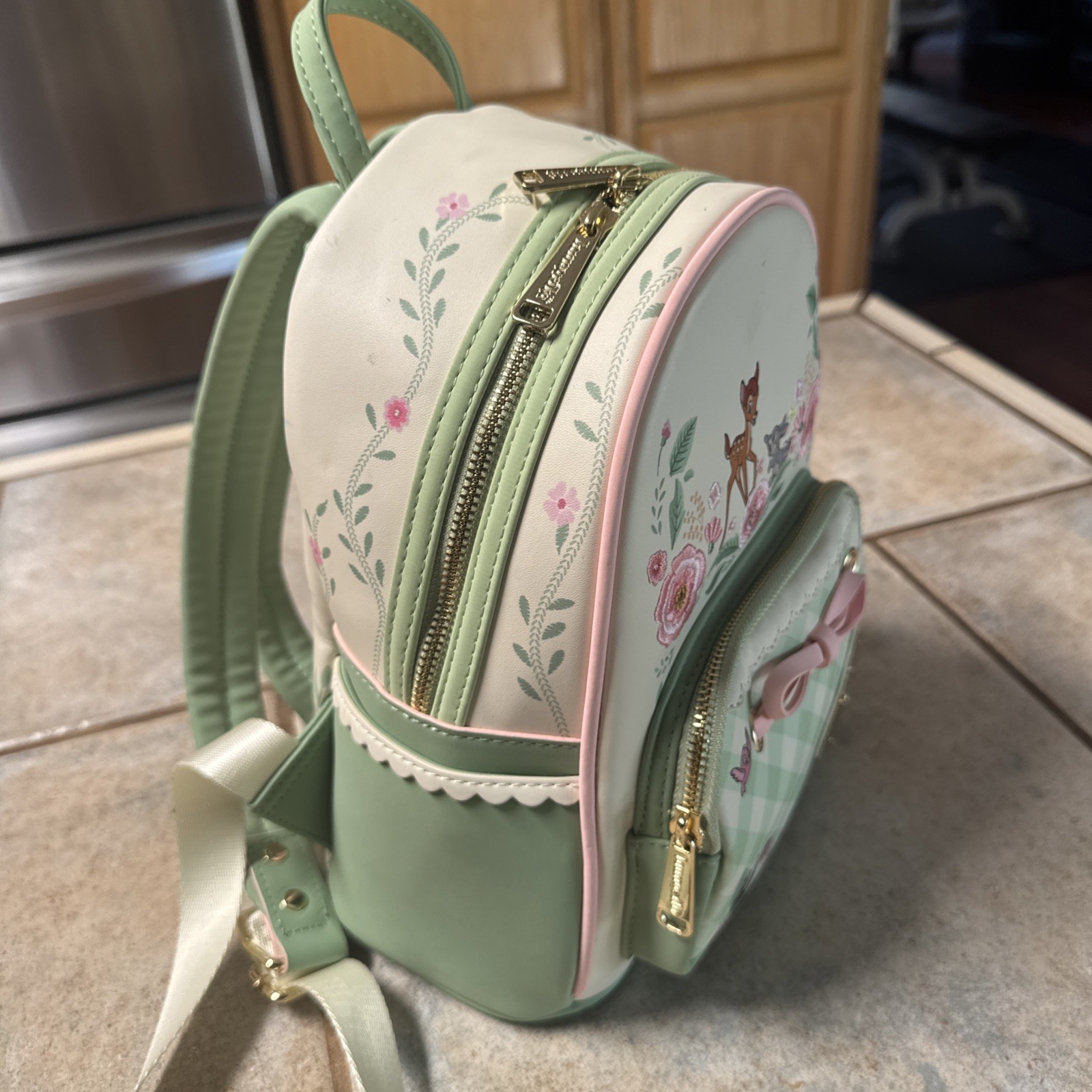 Disney Loungefly Bambi Spring Flowers Gingham Mini Backpack Green Pink Cream