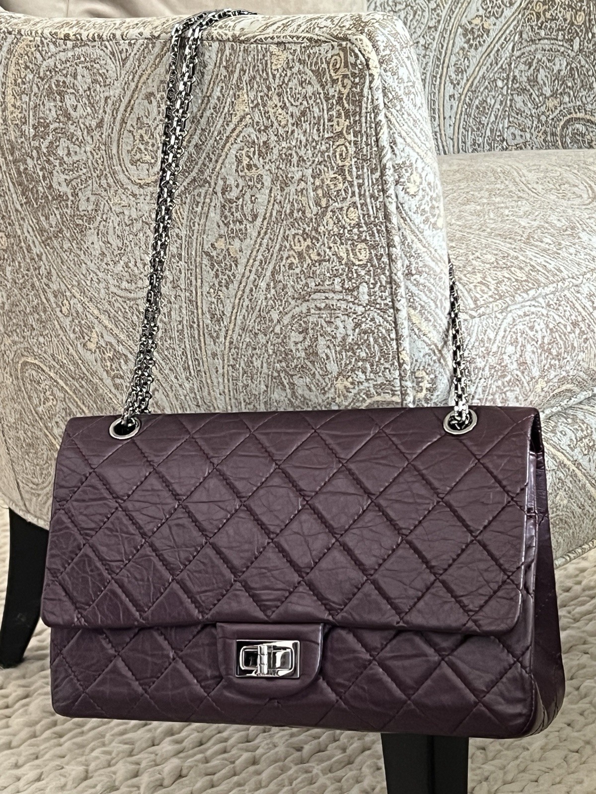 Chanel Reissue 2.55 Double Flap Bag Aged Calfskin 227 Prune Purple SHW Jumbo