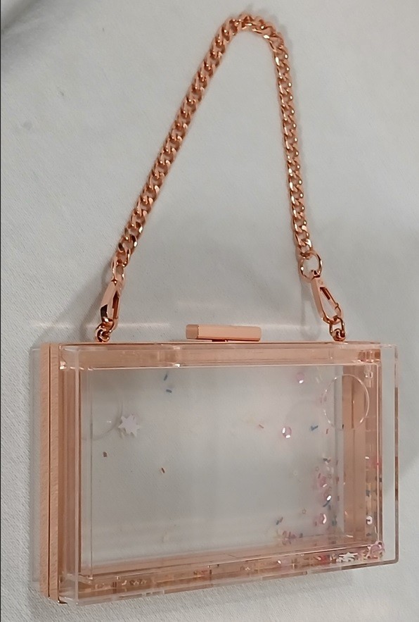FAO Schwarz See-Through Acrylic Purse w/ Rose Gold Metal Chain DIY Stars Glitter
