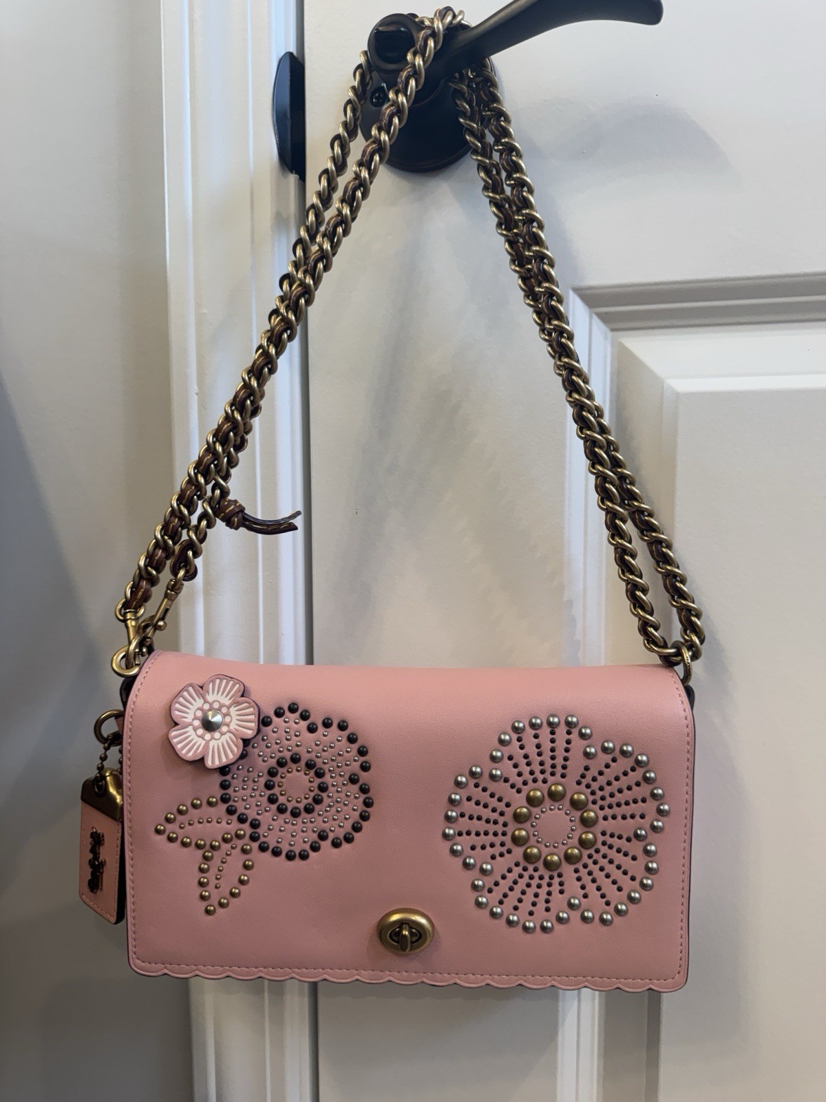 Coach Pink Floral Studded Turnlock Shoulder Bag Gold Chain Strap Small